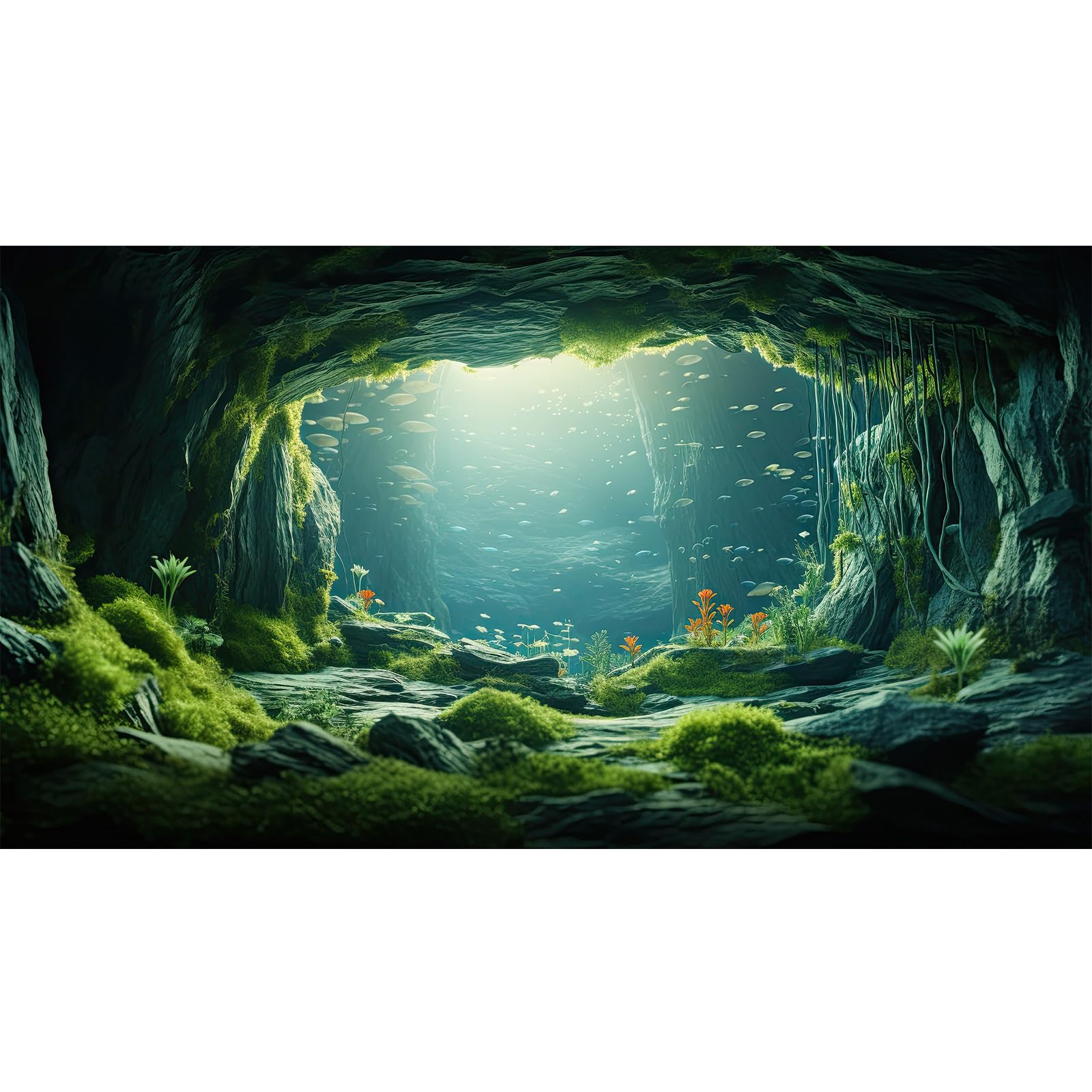 Large 36x24in Aquarium Backdrop - Underwater World Rock Terrarium Background with Lush Moss & Aquatic Plants | Fish Tank Decor, Reptile Habitat, Cave Landscape Vinyl Poster | Perfect for Freshwater/Saltwater Tanks, Terrariums & Vivariums