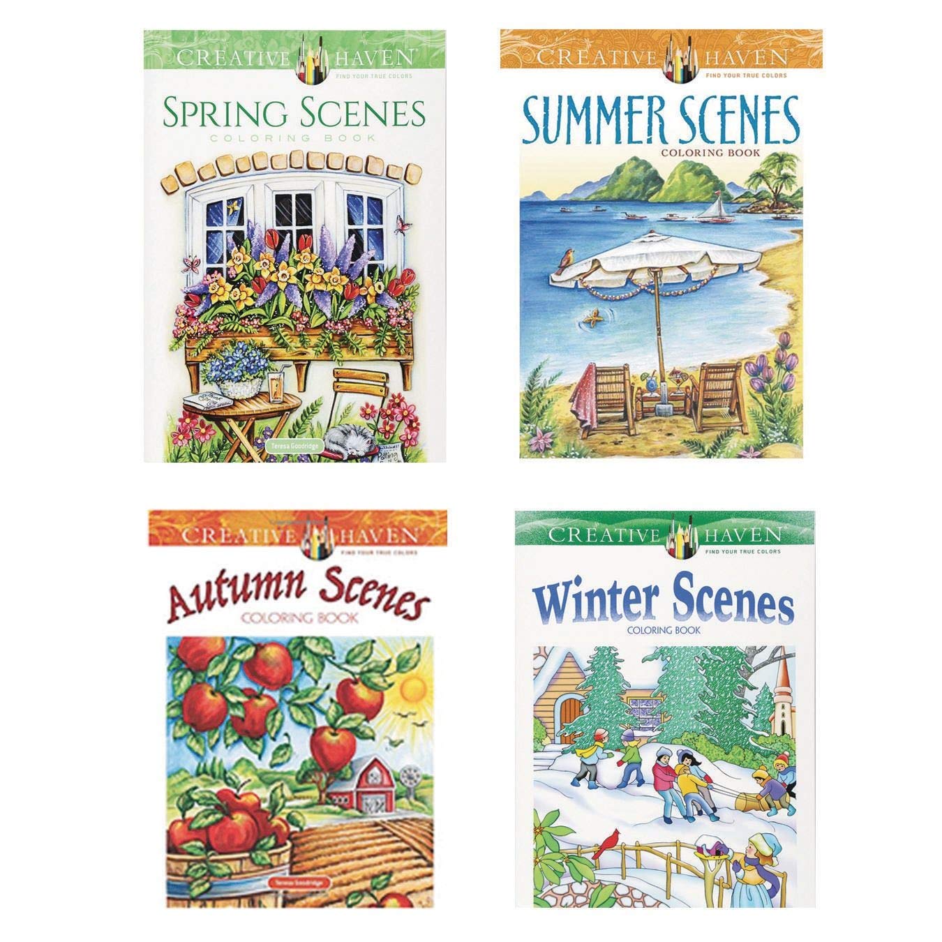 Creative Haven Seasons Adult Coloring Books (Set of 4) - Relaxing Stress Relief Art Therapy for Adults, Winter Spring Summer Fall Themes - Perfect for Meditation, Gifts & Home Decor