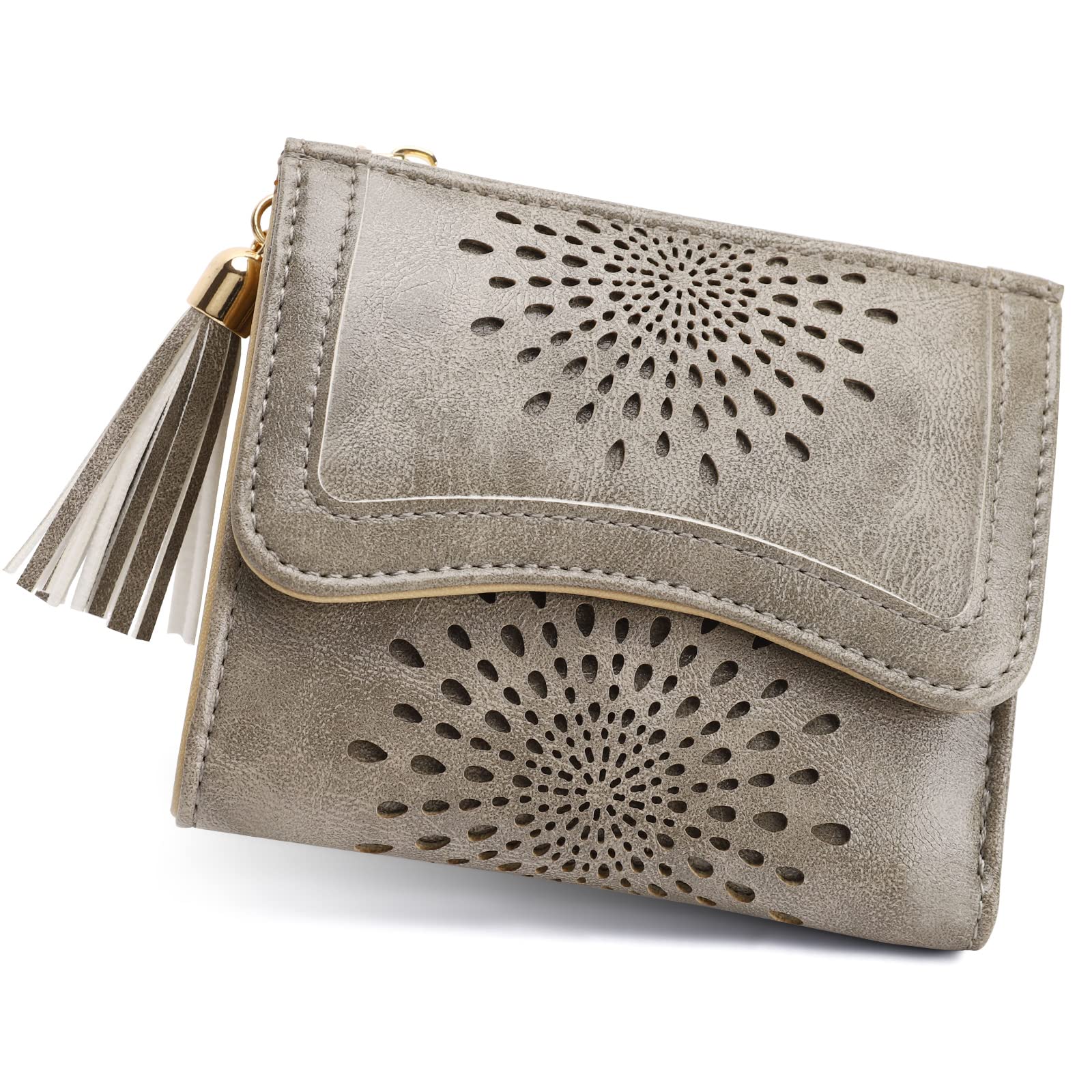 Sunflower RFID Leather Wallet for Women - Small Bifold Zipper Wallet with Tassel & ID Card Holder, Compact Coin Purse (Gray) - Perfect for Everyday Use, Travel & Gift Giving