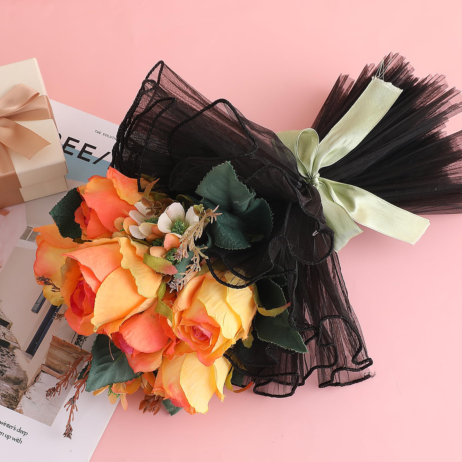 Black Flower Wrapping Mesh Paper - 4 Yards Wrinkled Wavy Net Yarn for Bouquet Floral Packaging | Valentine's Day, Mother's Day, Wedding, Birthday Gift Wrapping & DIY Crafts