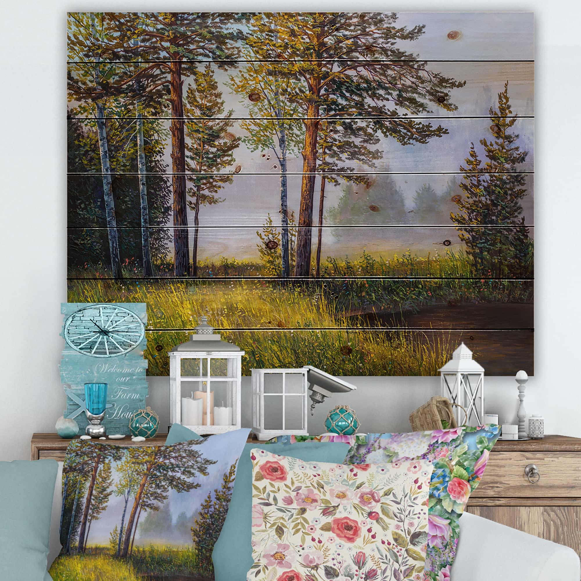 DesignQ Lake House Wood Wall Art - Pine Wood Landscape Decor for Living Room