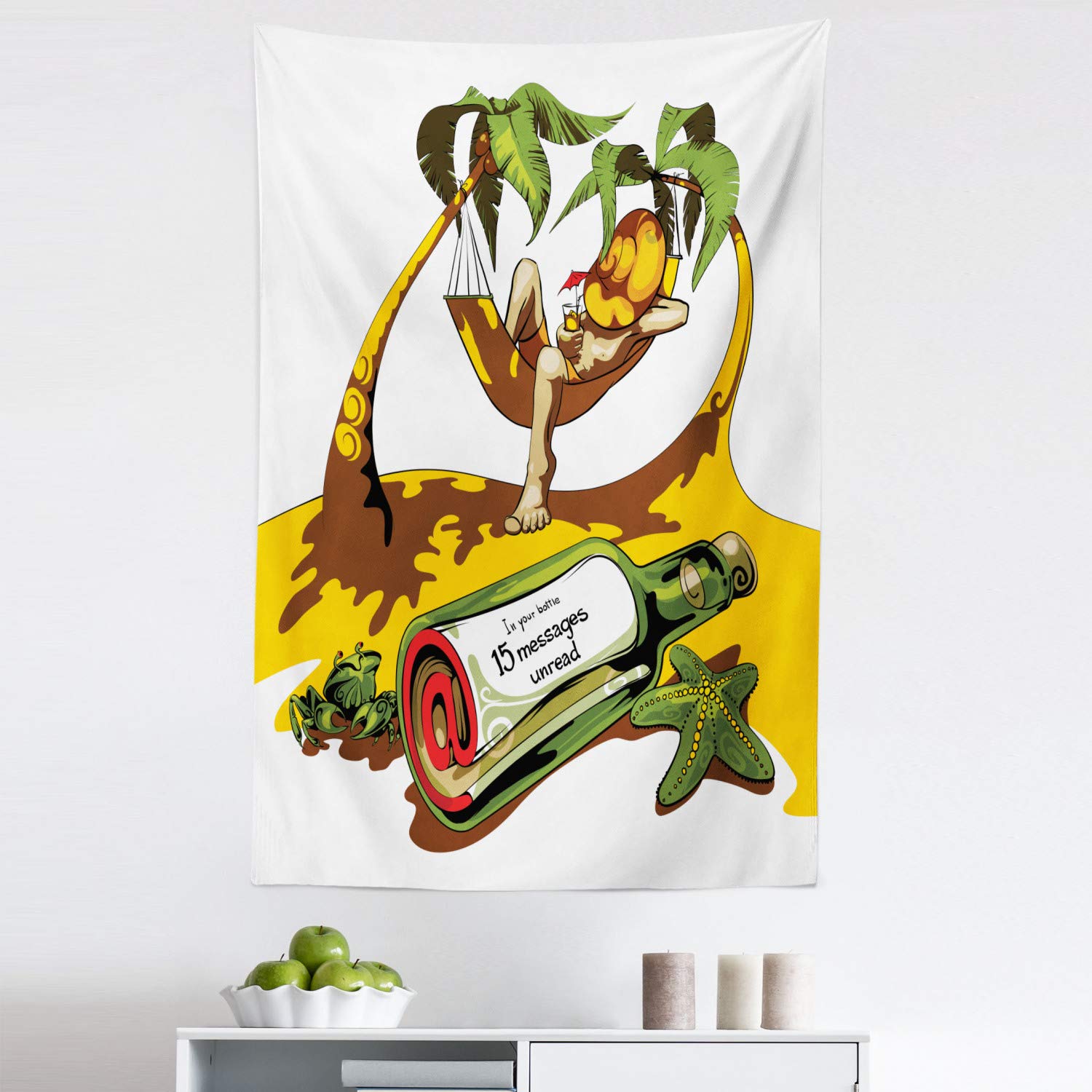 Ambesonne Coastal Beach Tapestry Wall Art - Tropical Hammock & Message in Bottle Design, 30