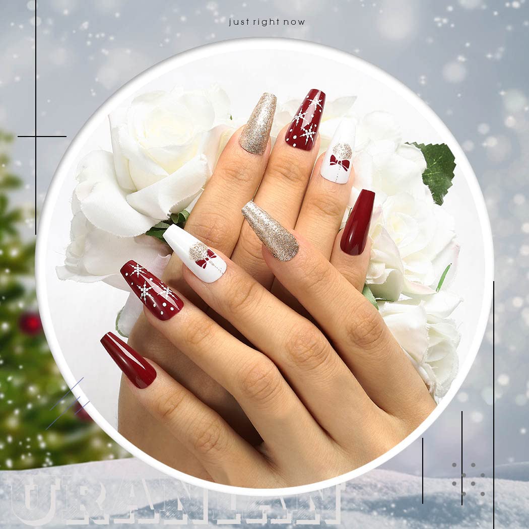 Uranian Christmas Press on Nails - 24pcs Long Coffin Fake Nails with Snowflake Stripes, Santa Claus & Elk Glitter Designs, Glossy Red French Tip Acrylic Nails for Women & Girls | Holiday Parties, Gift Giving, Festive Nail Art
