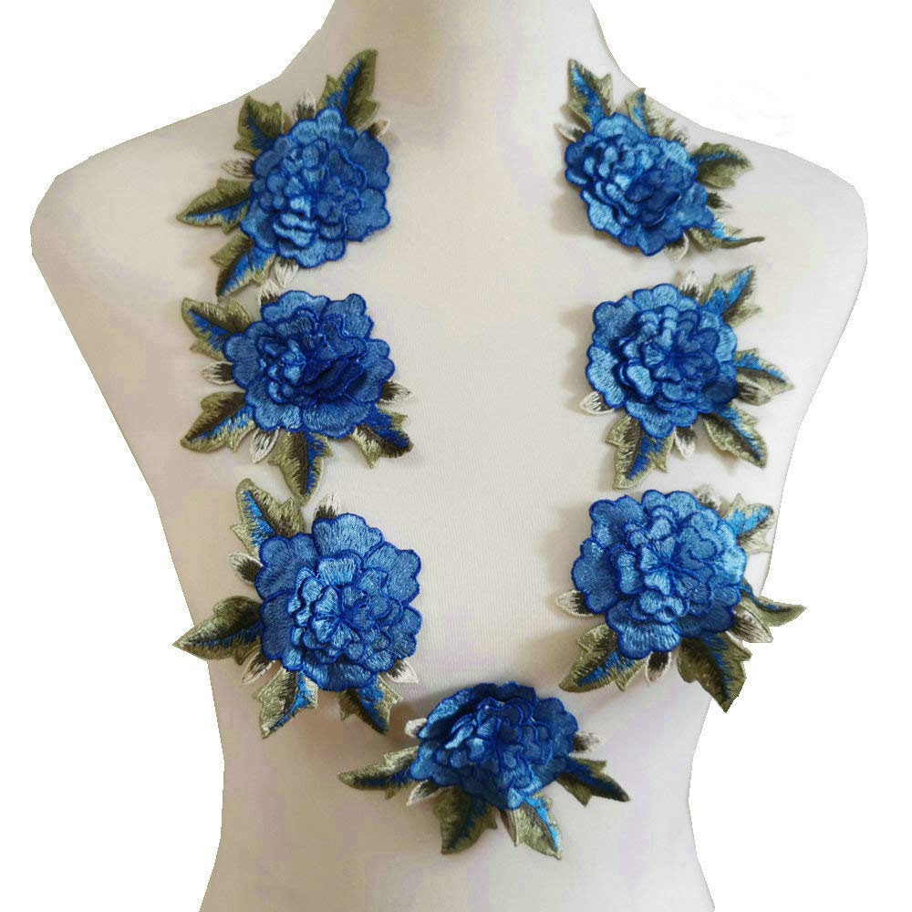 7 Pcs Handmade Applique Embroidered Iron Leaf Flowers - 7 Lakes Blue & Blue B - DIY Craft Decor for Home, Wedding, Scrapbooking & Gift Wrapping