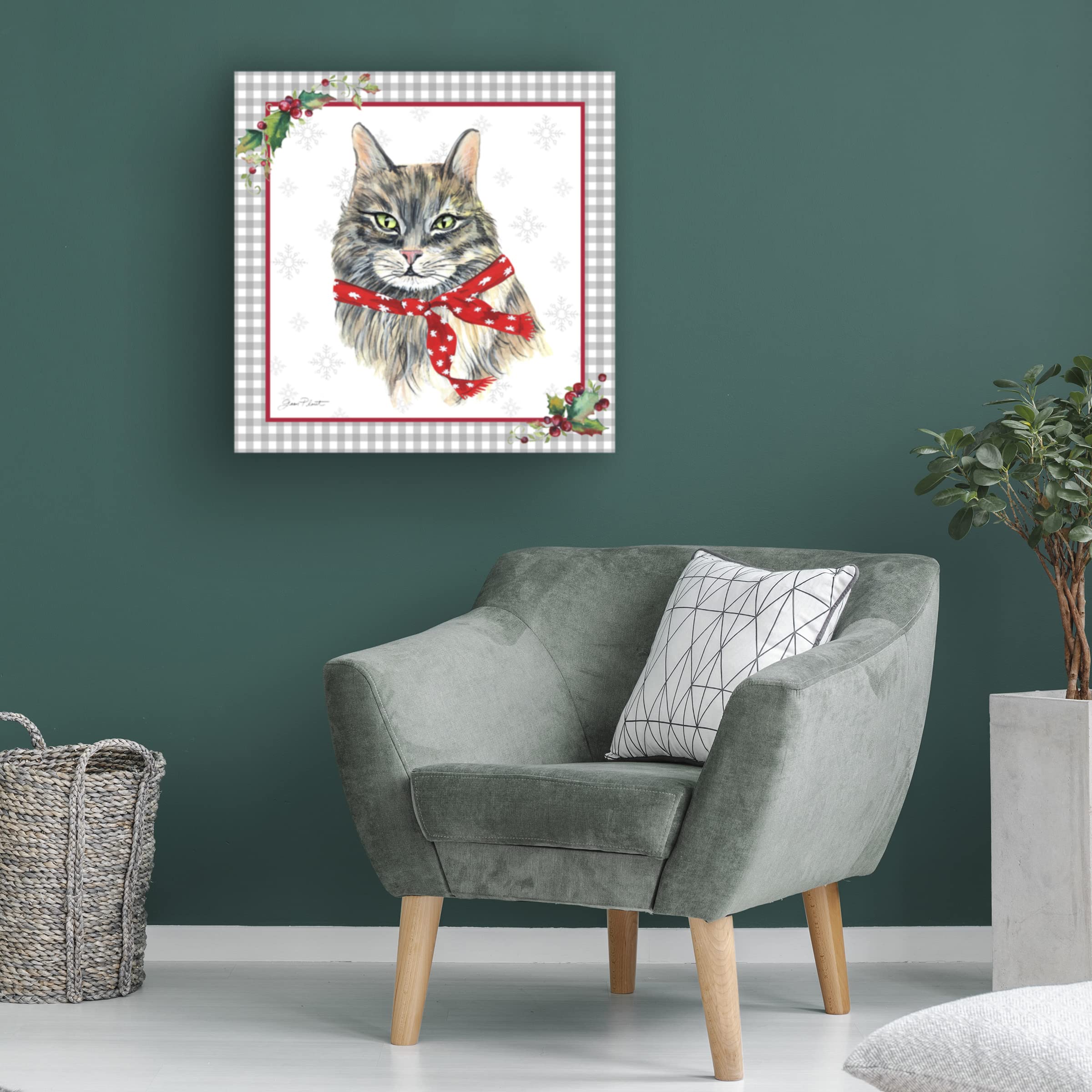 Trademark Fine Art 'Plaid Christmas with Cat F' by Jean Plout - 35x35 Inch Canvas Wall Art - Holiday Home Decor for Living Room, Bedroom & Office