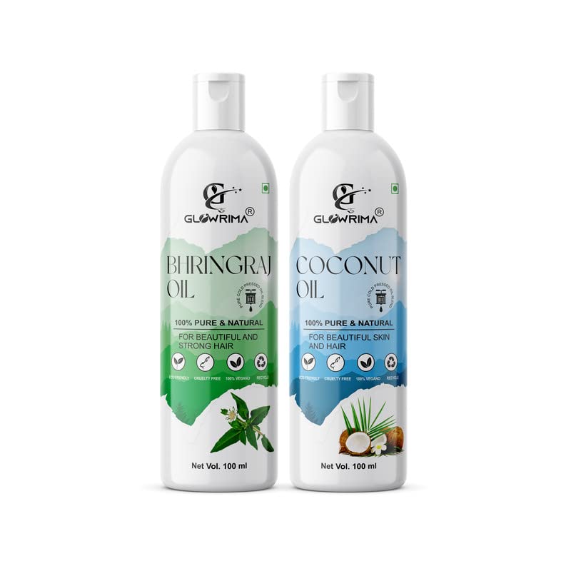 Glowrima 100% Pure Bhringraj Oil & Coconut Oil Combo (100ML Each) for Rapid Hair Growth, Anti Hair Fall, Split Ends Repair - Promotes Softer, Shinier Hair - Pack of 2 - Perfect for Daily Hair Care & Scalp Massage