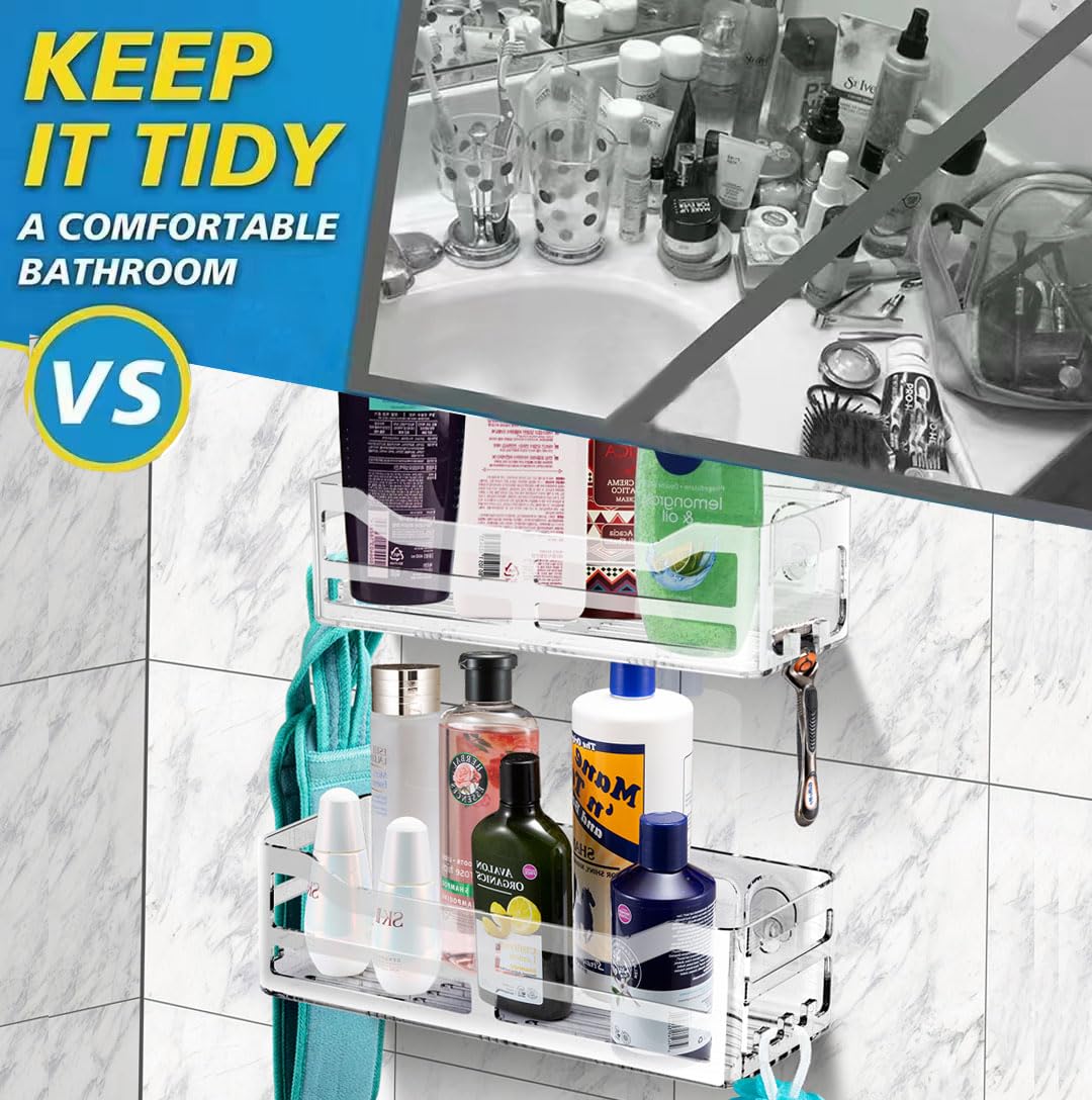 Premium Acrylic Shower Caddy with Hooks - Wall Mounted Bathroom Storage Organizer for Shampoo, Soap & Toiletries (2 Pack) - Perfect for Small Bathrooms, Dorm Rooms & RV Showers