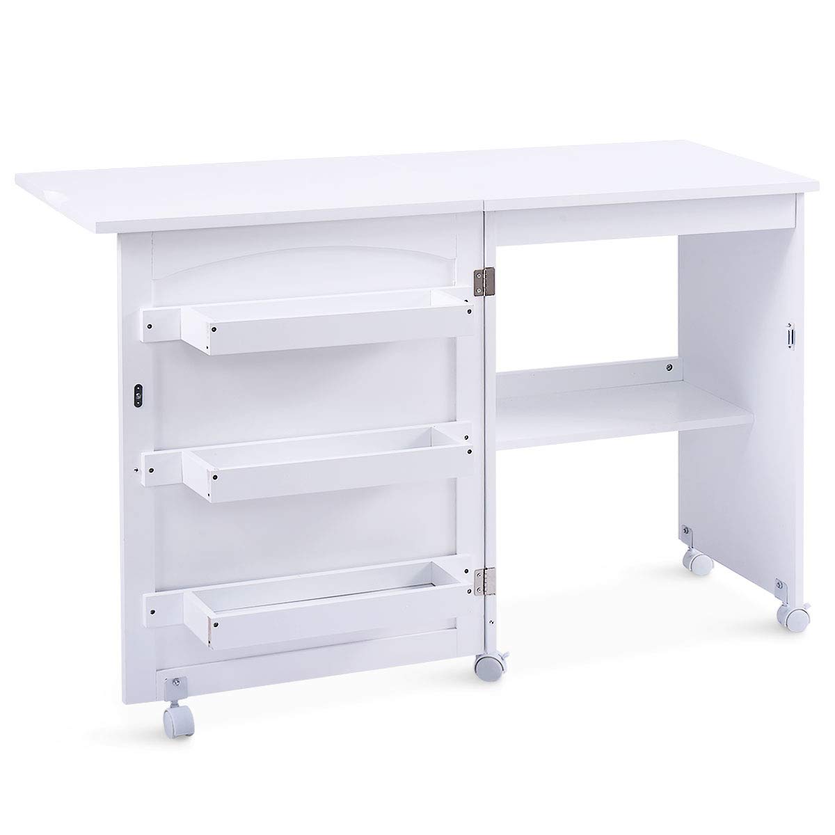 HOMGX Foldable Sewing Table with Storage Cabinet - Multifunctional Craft Table with Lockable Wheels & Shelves - Compact Space-Saving Design for Sewing, Quilting & DIY Projects (White, 16