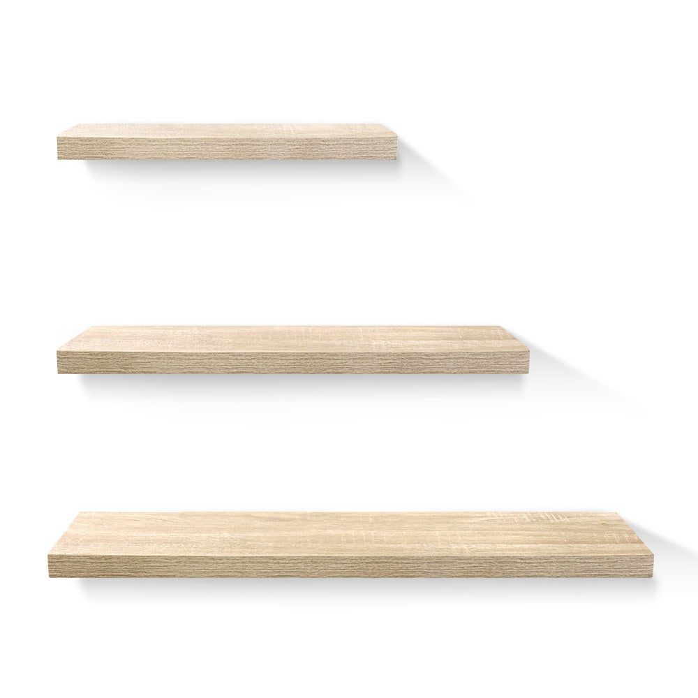 3-Piece Floating Wall Shelf Set - DIY Mounted Storage & Book Display Rack - Solid Oak Wood - Perfect for Living Room, Bedroom & Home Office Decor