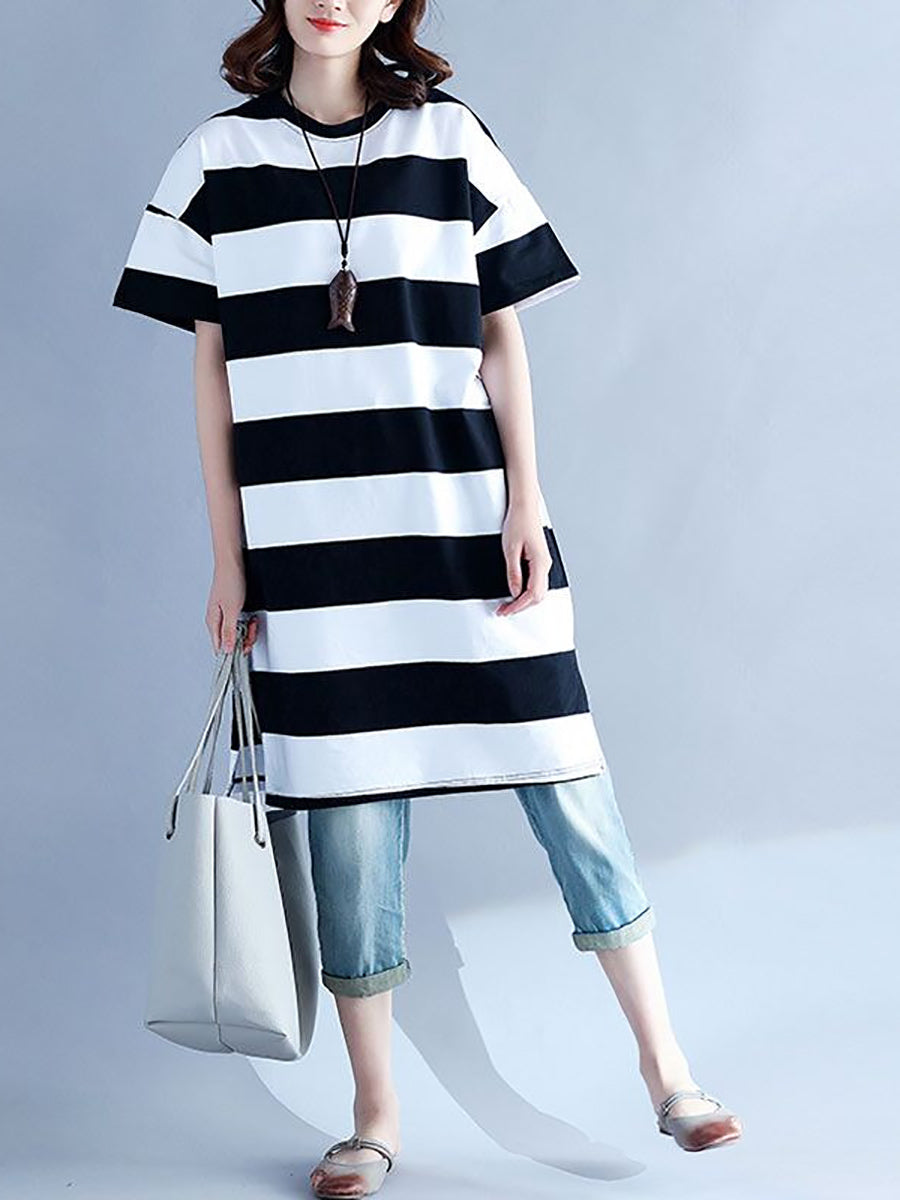 Plus Size Women's Casual Striped O-Neck Short Sleeve Loose Summer Dress - Perfect for Beach Vacation, Weekend Outings and Daily Wear