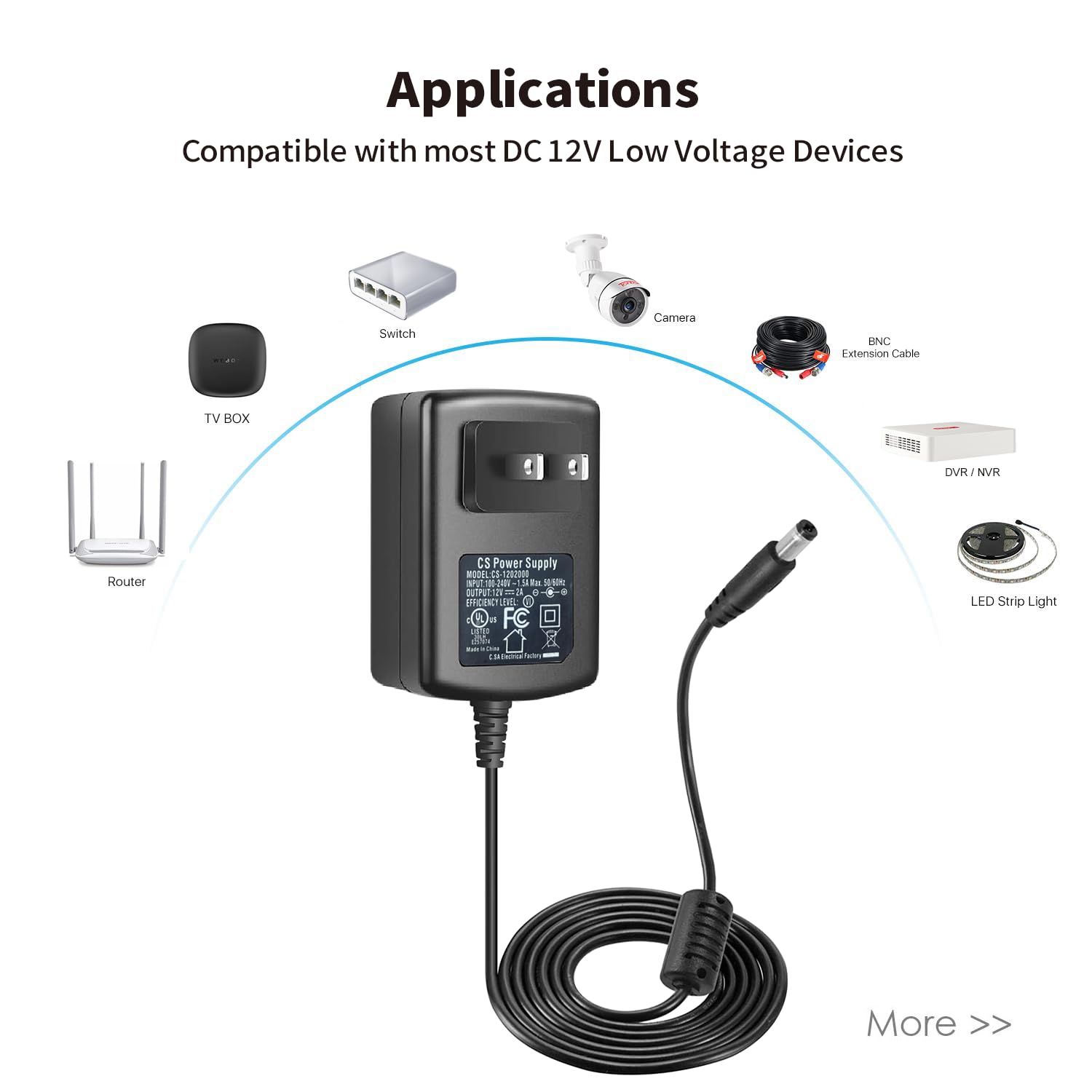 12V 2A Security Camera Power Supply Adapter with 1 to 4 Splitter - 100-240V AC to DC Converter for CCTV Systems, LED Lights, DVR, NVR, Routers - UL Certified for Home & Office Security Setup