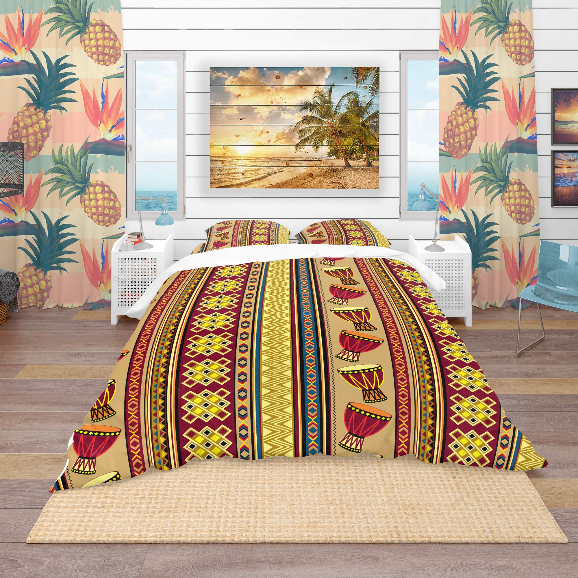 DesignQ African Drum Print Tropical Duvet Cover Set - Queen Size Bedding with Pillowcases - Vibrant Ethnic Home Decor for Boho Bedroom & Dorm Room