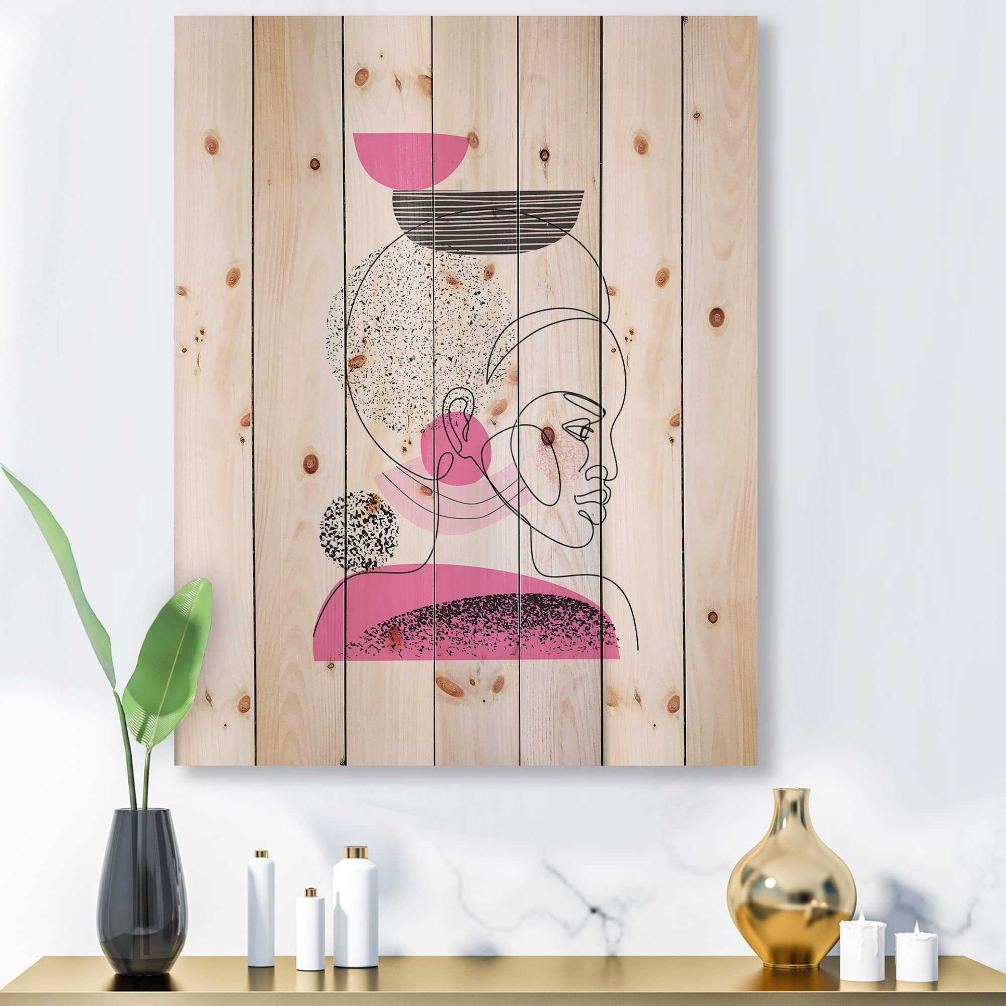 DesignQ One Line Portrait of African American Women - Modern & Contemporary Wood Wall Decor, Beige Wood Wall Art, Large Abstract Wood Panels Printed on Natural Pine - Perfect for Living Room, Bedroom & Office Decor