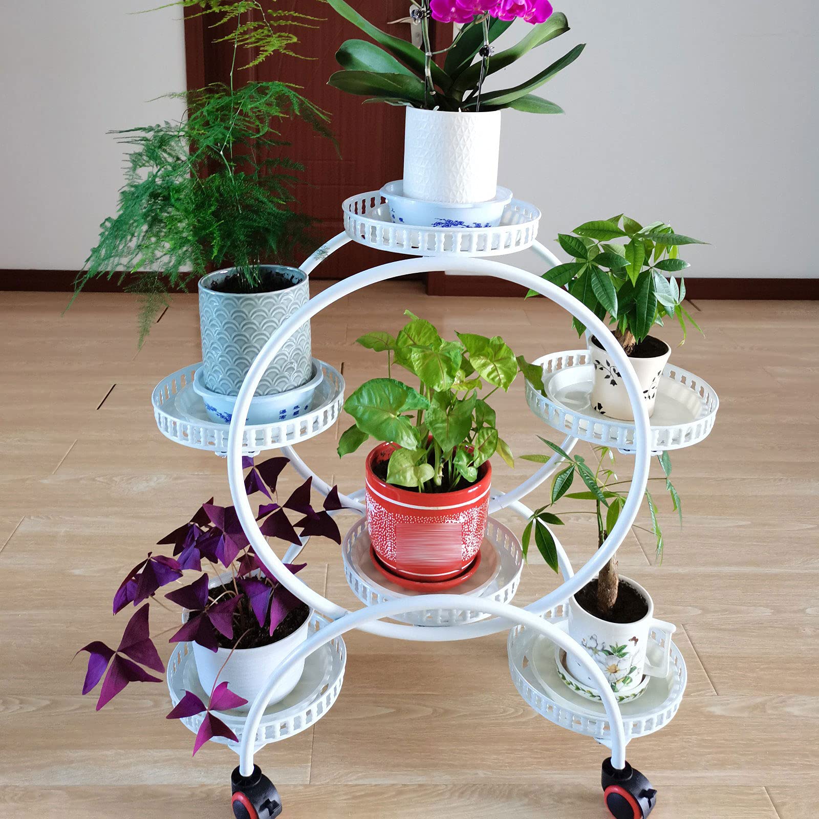 DYRABREST 6-Tier Metal Plant Stand with Wheels - Wrought Iron Indoor/Outdoor Flower Rack with Large Trays for Pots - Perfect for Patio, Garden, Balcony & Home Decor