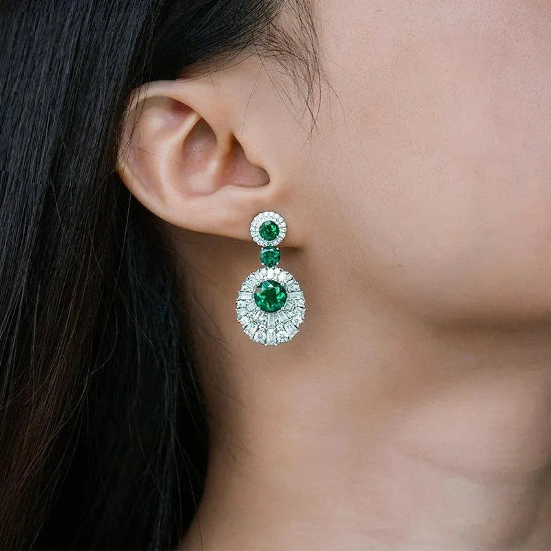 10K White Gold Earrings with Lab-Grown Emerald & Moissanite - Hydrothermal Sterling Silver Fine Jewelry for Women | Elegant Party Wedding Gift, Anniversary Present & Special Occasion Accessory