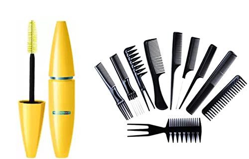 Natural Look Waterproof Black Mascara + 10-Piece Hair Cutting & Styling Combo Kit (Black) - Perfect for Everyday Makeup & Salon-Quality Hair Care at Home