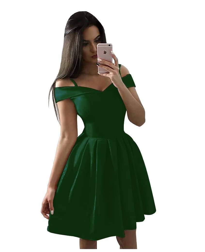 Xijun Women's Cold Shoulder Short Satin Homecoming Dress 2022 | A-Line Prom Party Dress with Pockets | Junior Formal Dress for Dances, Weddings & Special Occasions