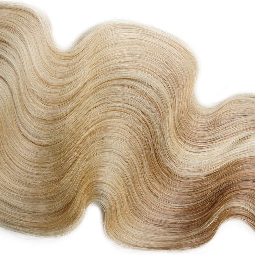 18 Inch Ombre Clip-in Human Hair Extensions - Body Wave Double Weft 100% Real Human Hair - Golden Brown to Bleach Blonde Curly Thick Hair Pieces (140g, 8 Pcs Full Head) - Perfect for White Women for Daily Styling, Parties & Special Occasions