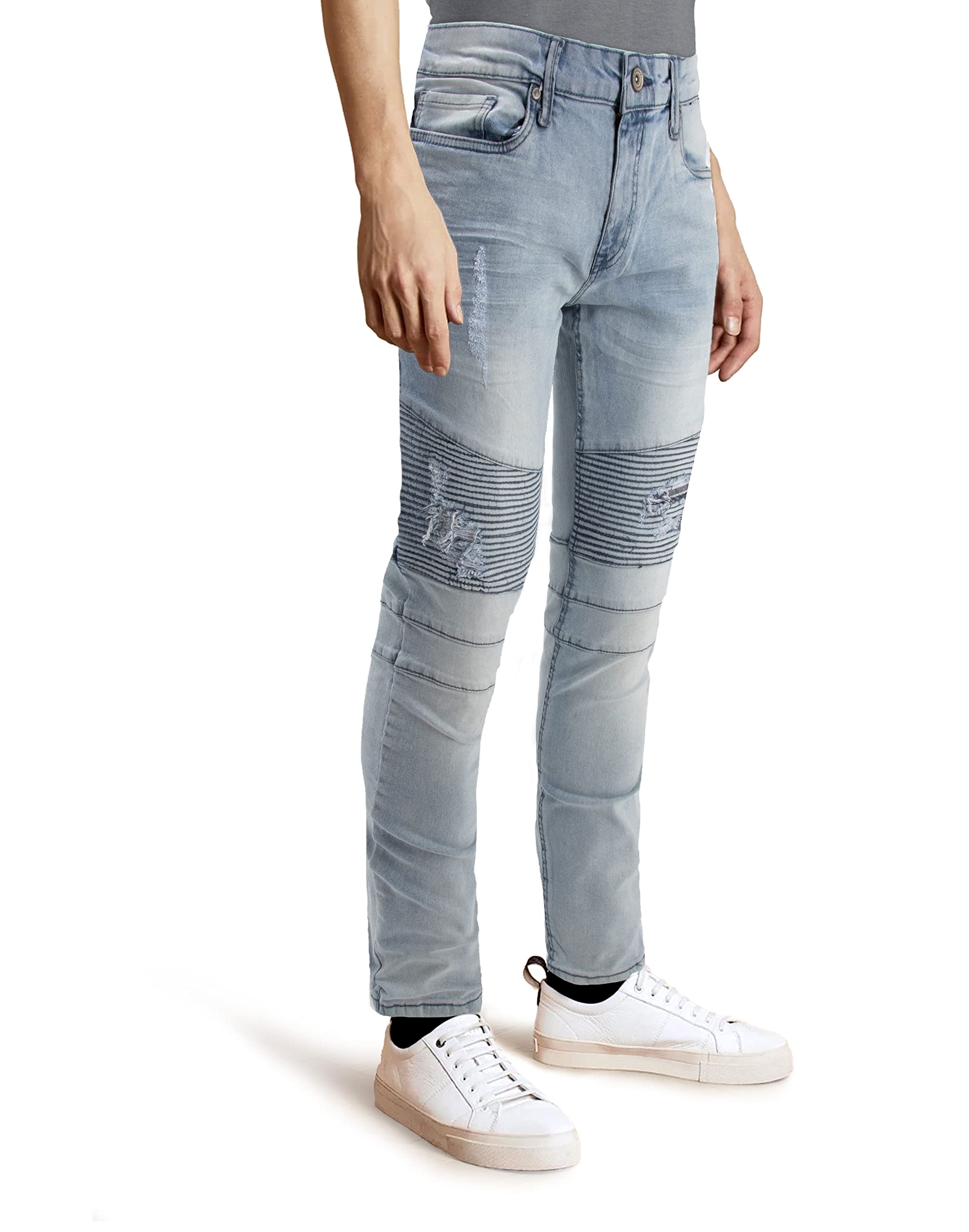 RAW X Men's Skinny Jeans - Washed Ripped Distressed Moto Stretch Denim Biker Pants | Slim Fit Stretchable Comfort | Perfect for Casual Wear, Night Out & Motorcycle Riding