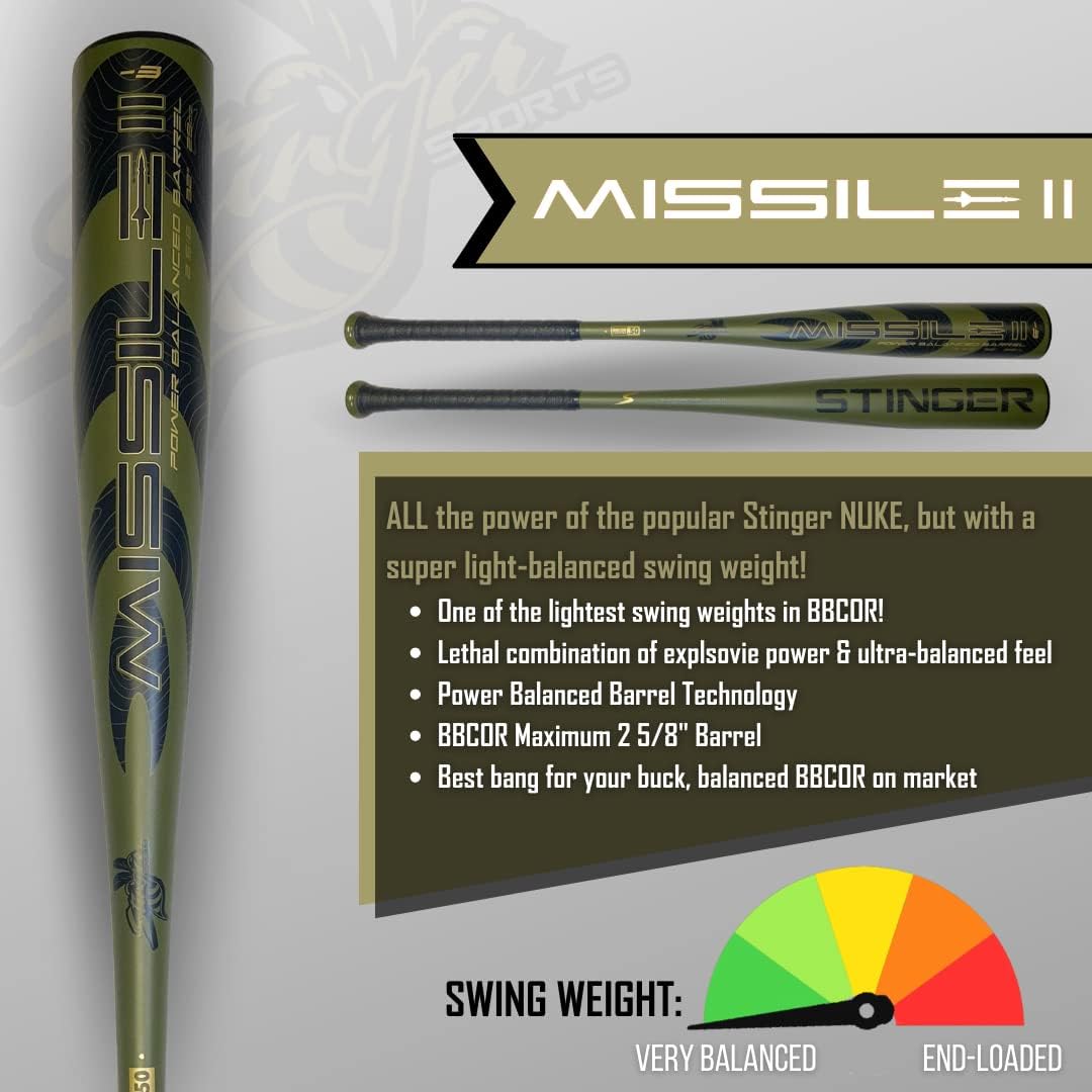 2022 MISSILE 2 Aluminum BBCOR Certified Baseball Bat - Green/Black | High Performance Youth & Adult Baseball Equipment for Games & Practice