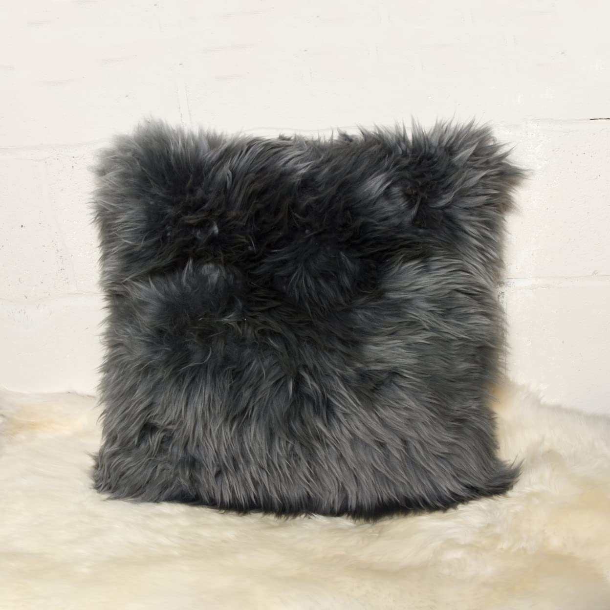 Premium New Zealand Sheepskin Throw Pillow with Zipper Closure - 18x18 Inch Fluffy Decorative Couch Pillow | 100% Genuine Sheep Wool Filling | Soft Grey Pillow for Living Room, Bedroom & Office - Perfect for Home Decor, Cozy Reading Nook and Gift Giving