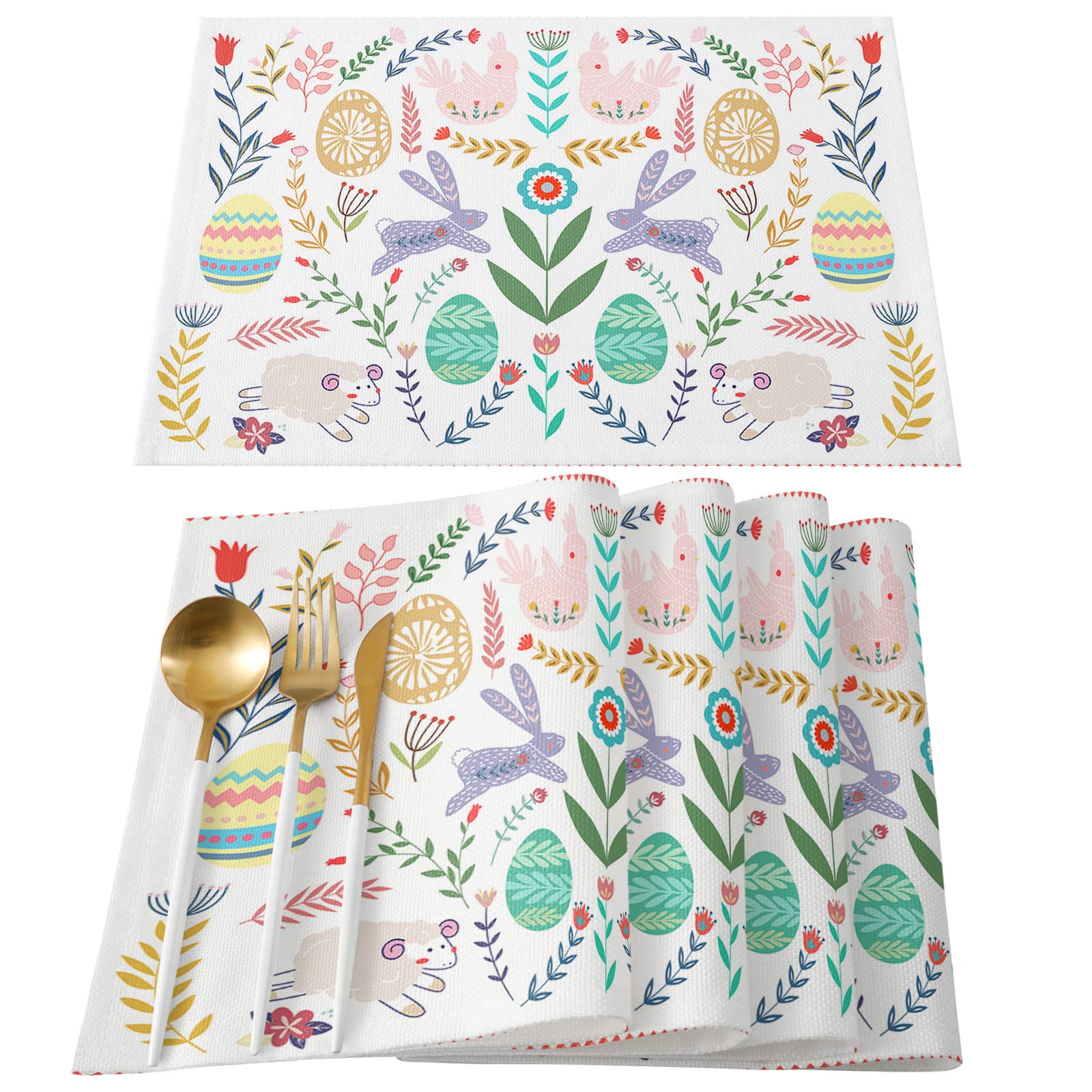 Easter Bunny Table Mats Set of 4 - Non-Slip Washable Heat Resistant Placemats with Easter Eggs & Spring Flowers Design - Perfect for Holiday Dinner Table Decorations & Spring Celebrations