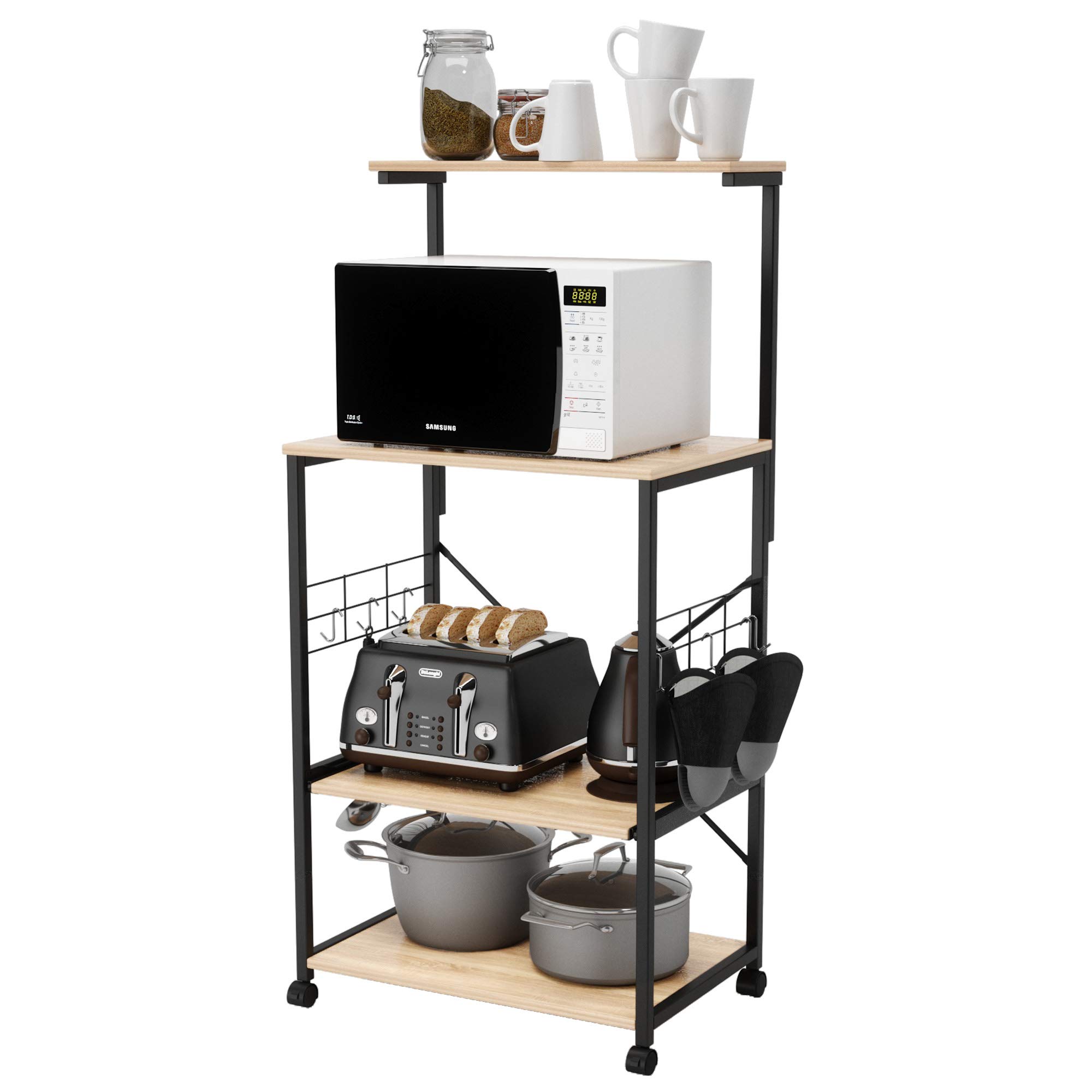 Bestier 4-Tier Kitchen Bakers Rack with Wheels - Microwave Stand, Rolling Cart with Storage Shelf, 10 Side Hooks & Oven Mitts - Kitchen Organizer Island for Small Spaces (Oak Finish, Gray Duck Mitts) - Perfect for Baking, Cooking & Kitchen Storage Organization
