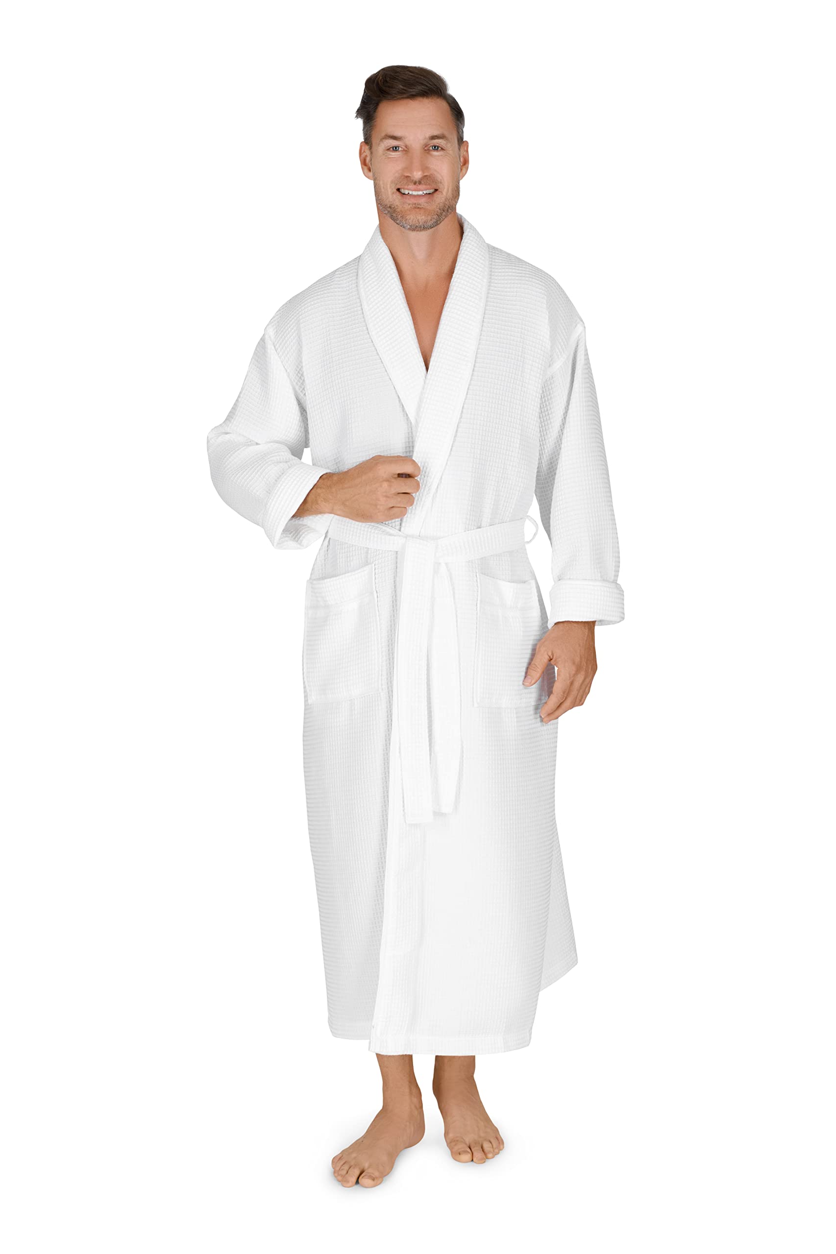 Boca Terry Men's White Waffle Knit Robe - Full Length Lightweight Shawl Collar Bathrobe for Spa, Lounge & Home Relaxation