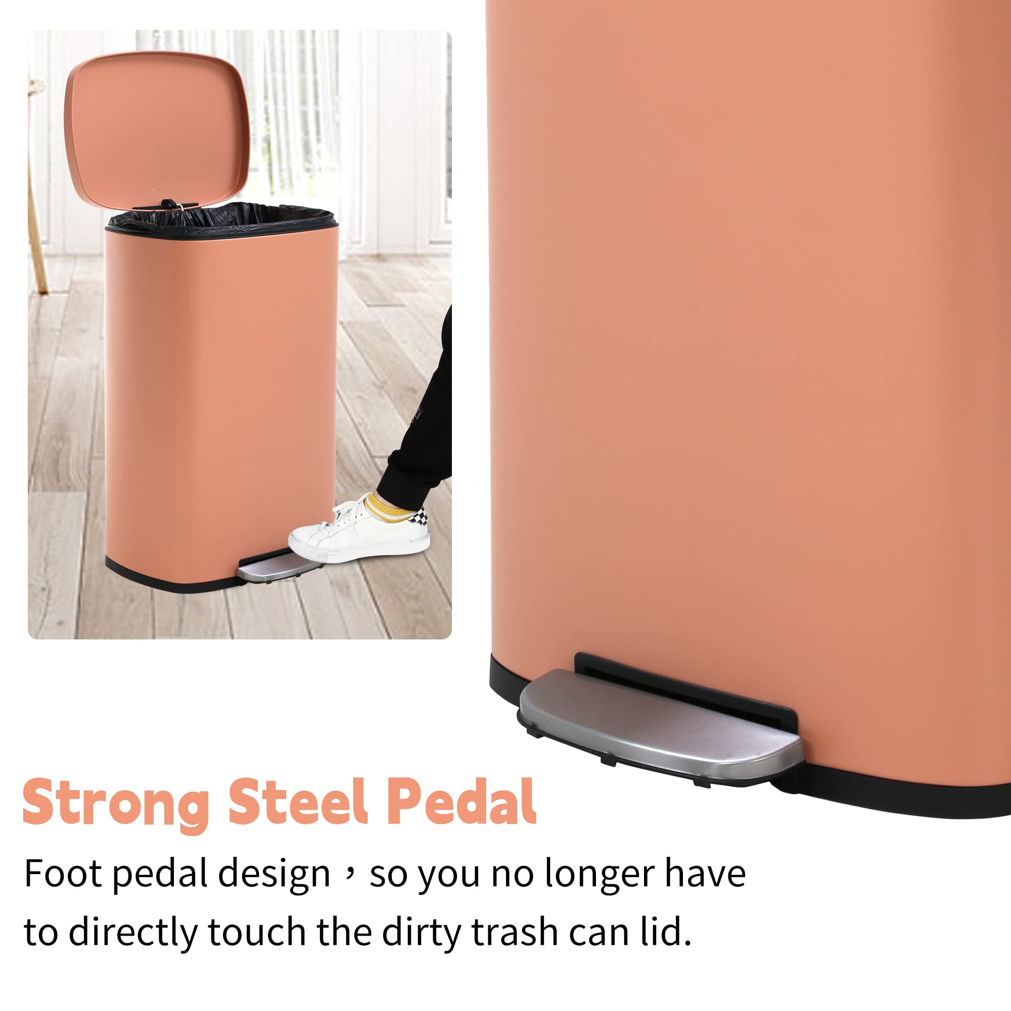 BLKMTY 13 Gallon Stainless Steel Step Trash Can with Lid & Inner Bucket - Odor-Proof Kitchen Garbage Bin, Pedal-Operated Office Waste Basket (Pink) | Perfect for Kitchens, Bathrooms & Home Offices