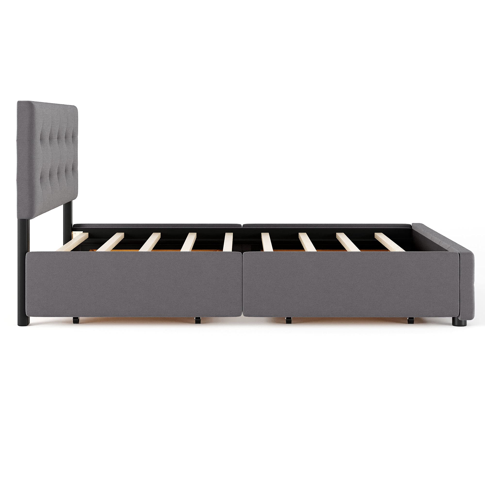 Queen Size Modern Upholstered Platform Bed with 4 Large Drawers - Button Tufted Headboard, Wooden Slat Support & Center Legs - No Box Spring Required (Light Gray) - Perfect for Master Bedrooms, Guest Rooms & Small Spaces