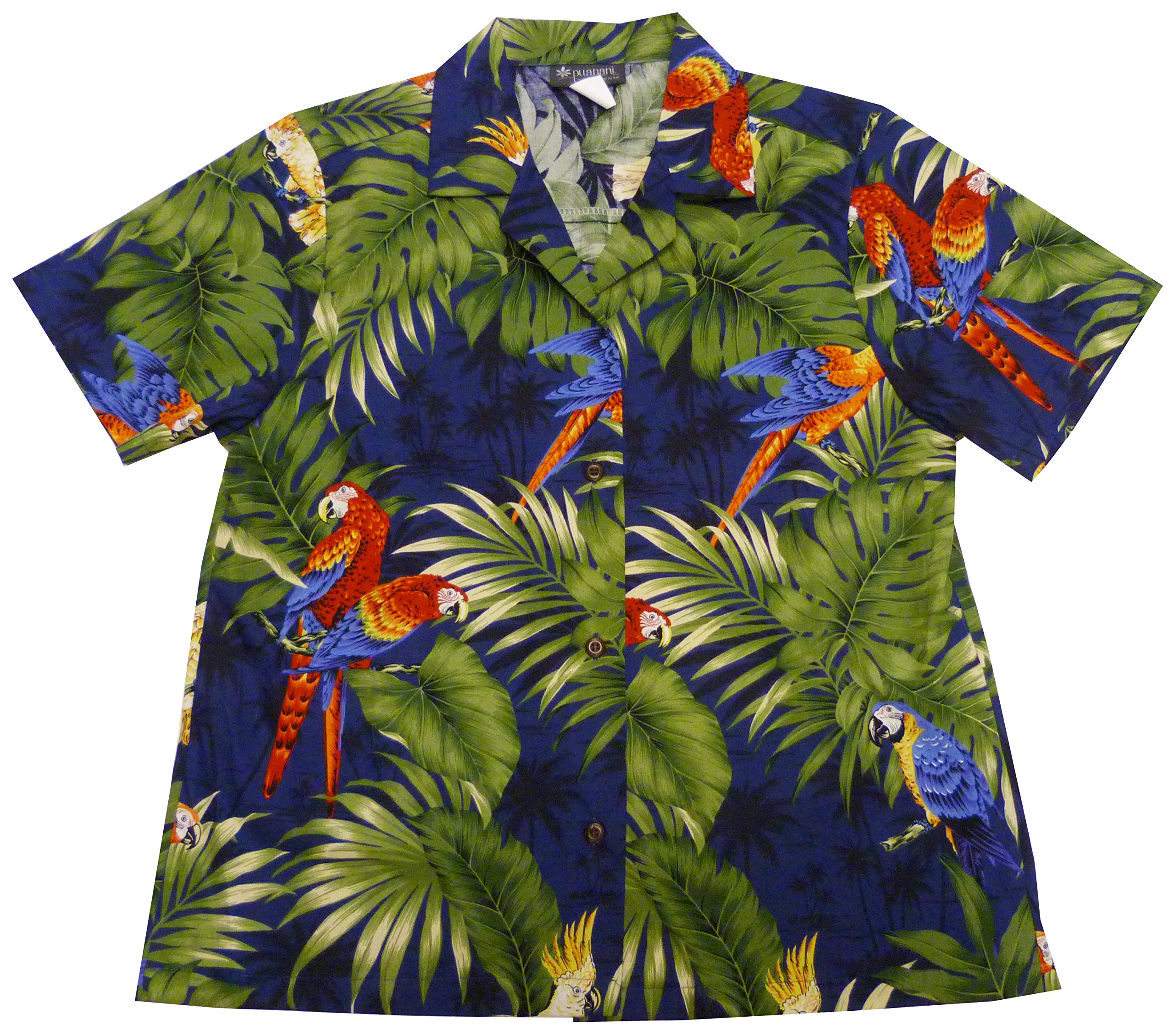 RJC Women's Plus Size 1X to 3X Tropical Parrot & Monstera Leaf Camp Shirt in Navy Blue - Casual Summer Wear for Beach Vacations & Outdoor Adventures
