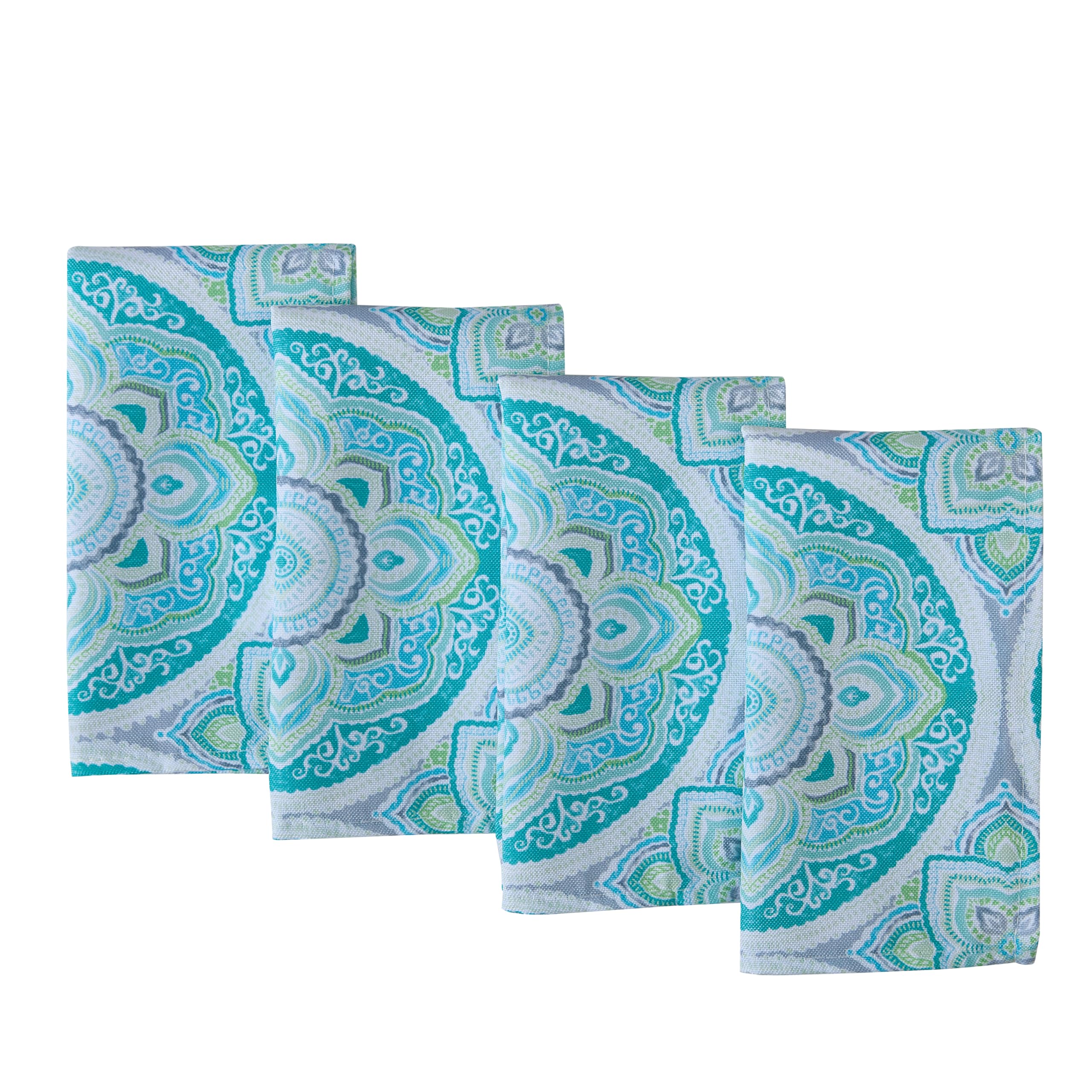 Premium Heavyweight Fabric Napkins Set of 4 - Santorini Mosaic Glass Design, Stain & Water Resistant for Indoor/Outdoor Dining - Mediterranean Blue & Green Napkins for Dinner Parties, Picnics & Holiday Gatherings