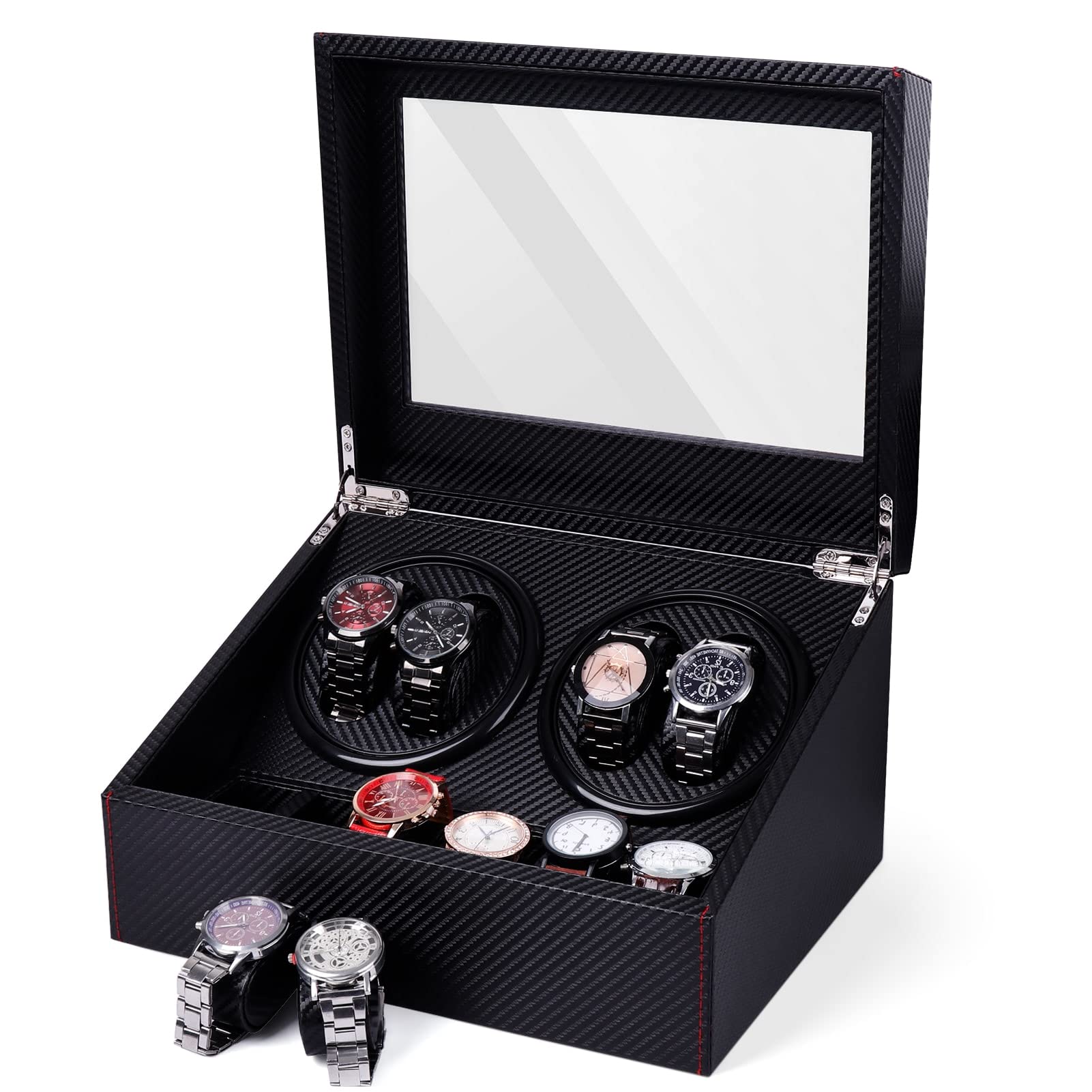 Premium Automatic Watch Winder for 6 Watches - Carbon Fiber Design with 4 Rotation Settings | Perfect for Luxury Watch Collection, Travel & Nightstand Storage