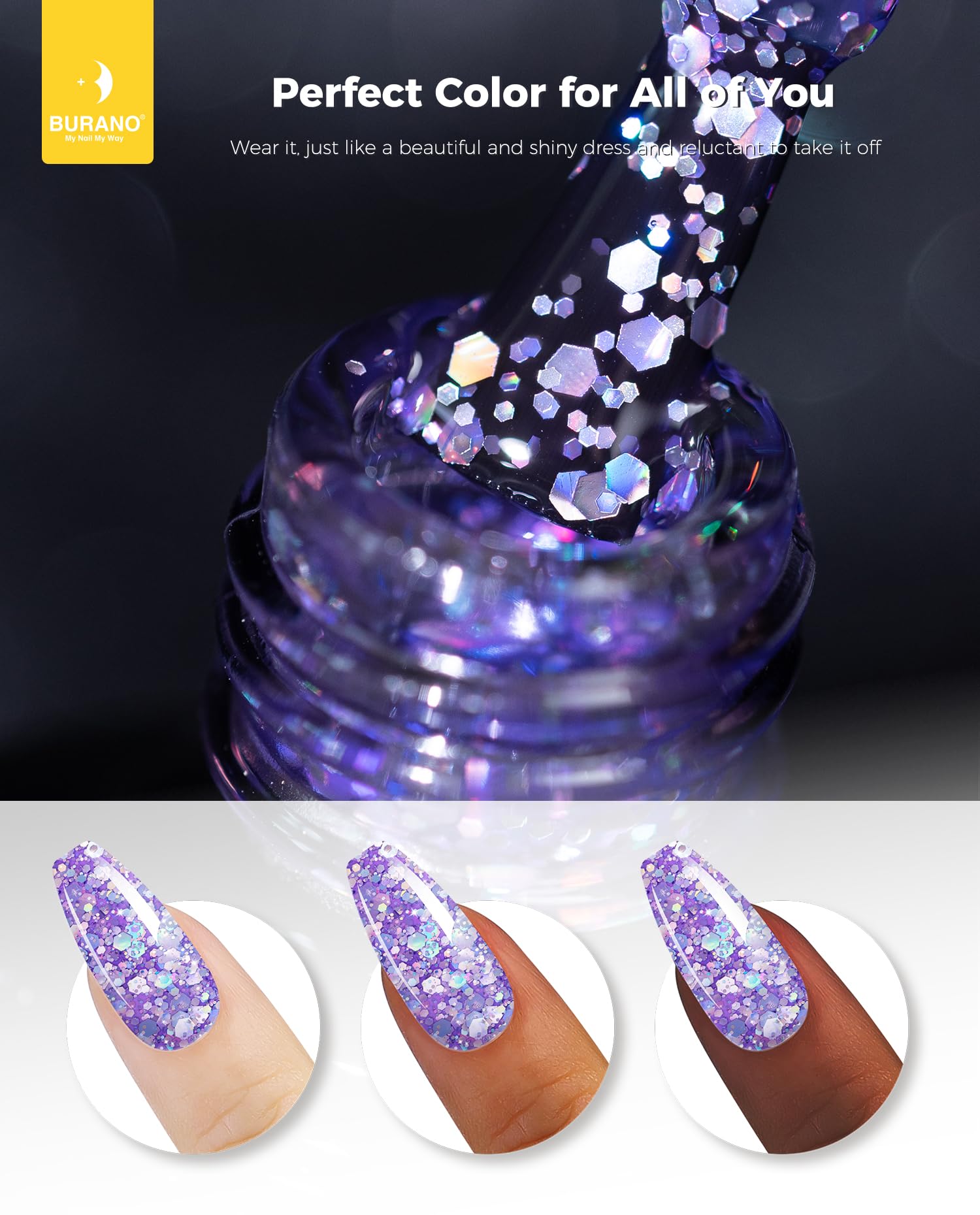 BURANO Glitter Gel Nail Polish - LED UV Soak Off Gel with Holographic Shimmer Effect, Long Lasting No Chip Sparkle Polish for DIY Home & Professional Nail Salon Use (Purple LP21) | Perfect for Parties, Weddings, Holidays & Everyday Nail Art Designs