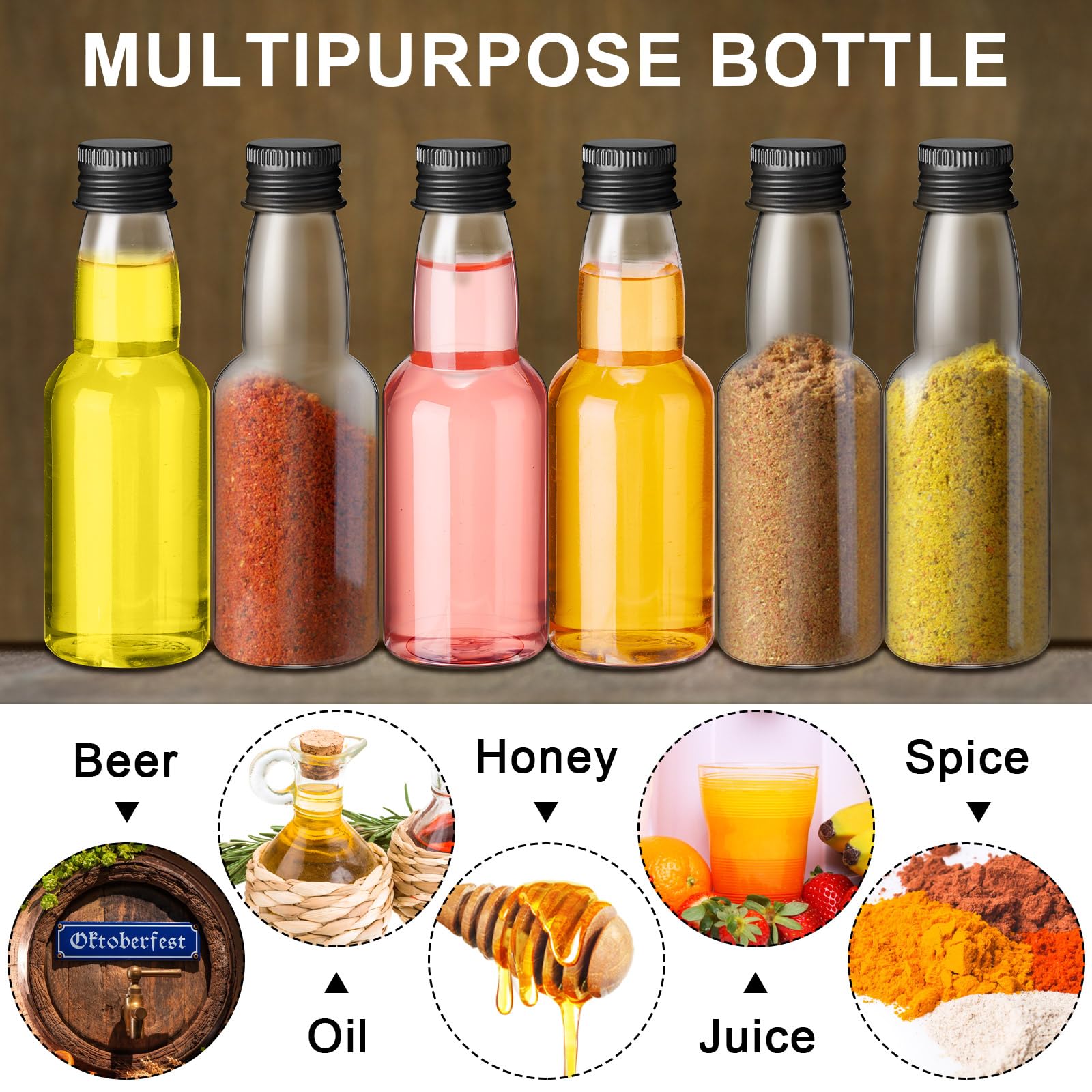 120 Pcs 2 oz Mini Liquor Bottles - Airtight Empty Plastic Shot Bottles with Funnels for Whiskey, Vodka & Cocktails - Perfect for Party Favors, Weddings, DIY Gifts & Home Bar Accessories (Black)