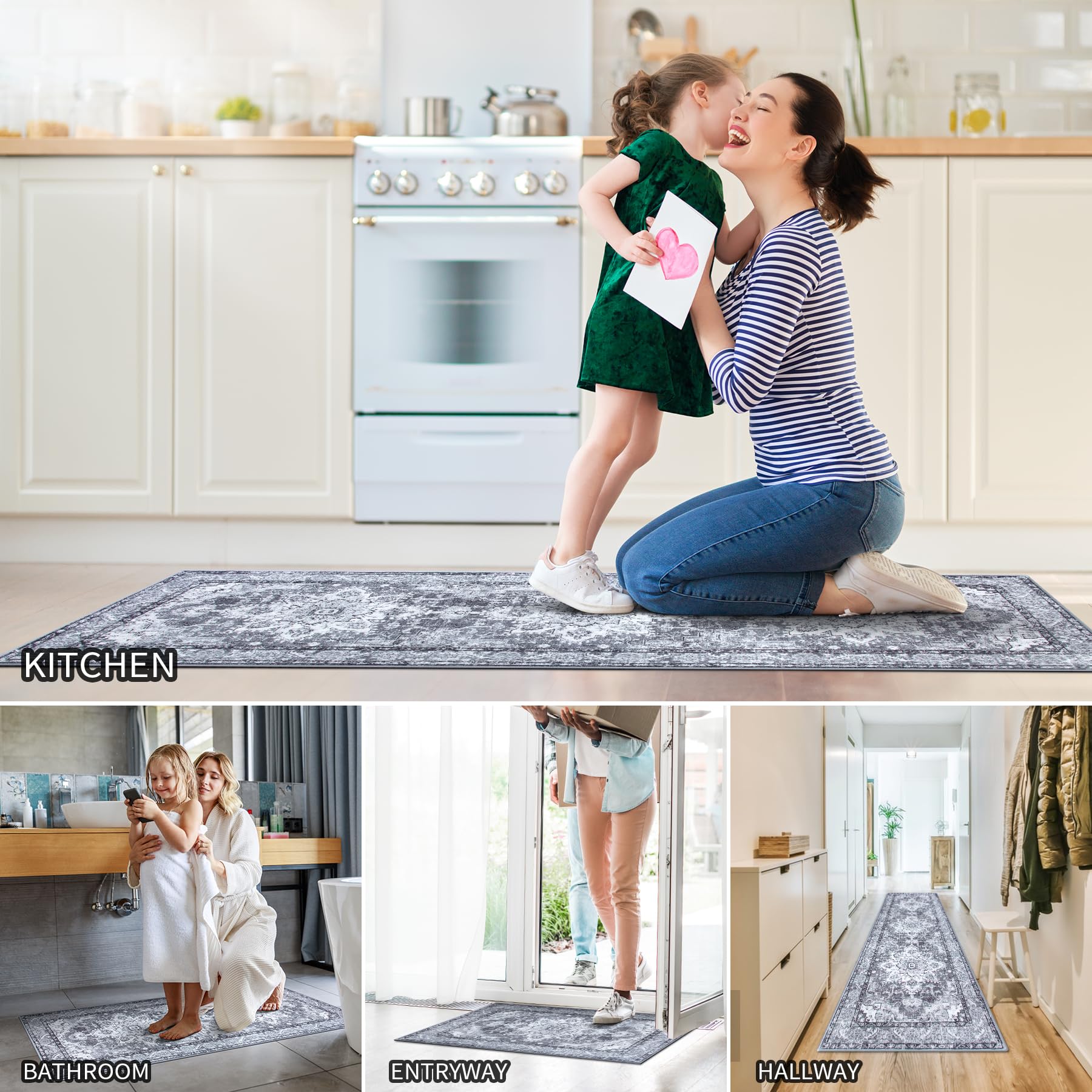 3-Piece Non-Slip Washable Kitchen Rugs Set - Super Soft Anti-Floor Mats for Kitchen, Laundry Room & Entryway - Grey Home Decor (Perfect for High Traffic Areas & Spill Protection)