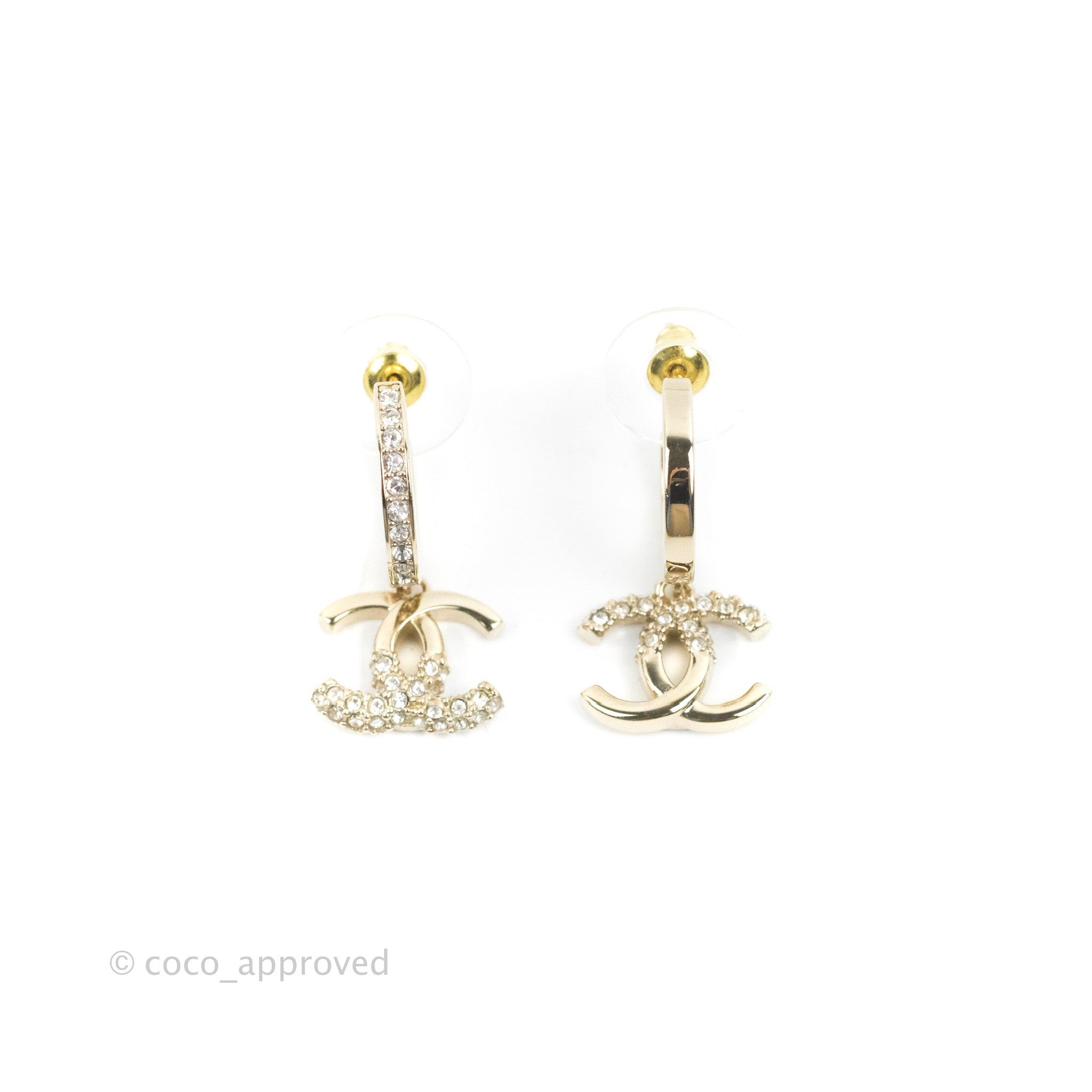 Chanel CC Crystal Hoop Earrings 22K Gold Tone Luxury Fashion Jewelry - Perfect for Parties, Weddings & Special Occasions