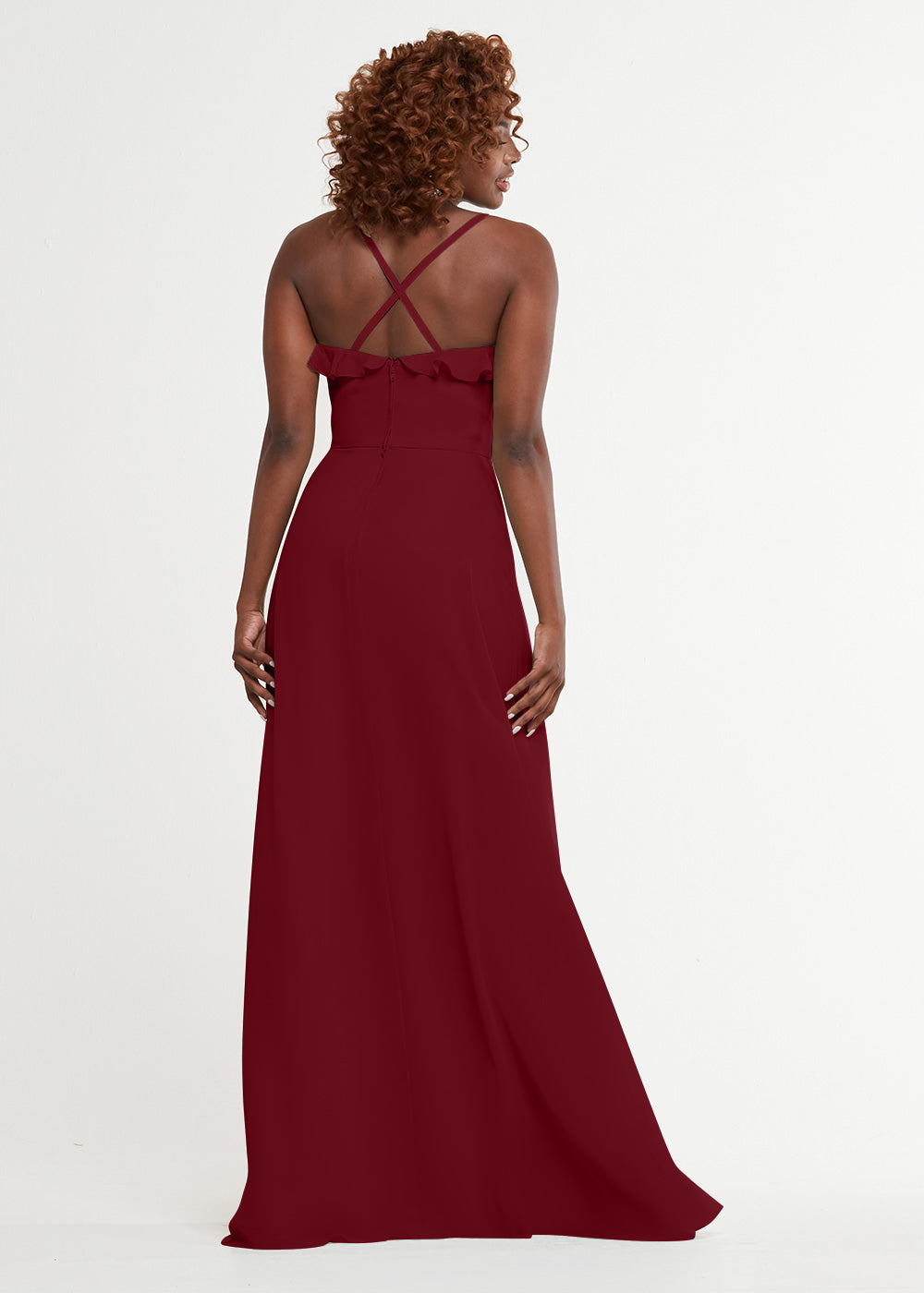 Elegant 80174 Chiffon A-Line Bridesmaid Dress with Ruffles & High Slit - Perfect for Weddings, Prom & Formal Events