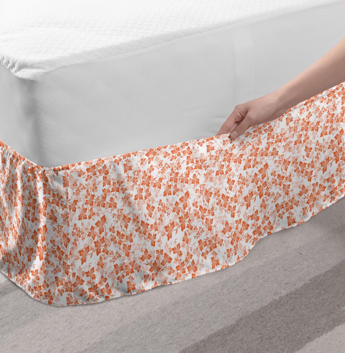 Ambesonne Autumn Bed Skirt - Fall Foliage Pattern Elastic Dust Ruffle Wrap Around for Queen/King Size Beds | Seasonal Home Decor for Bedroom, Guest Room & Vacation House (White Peach)