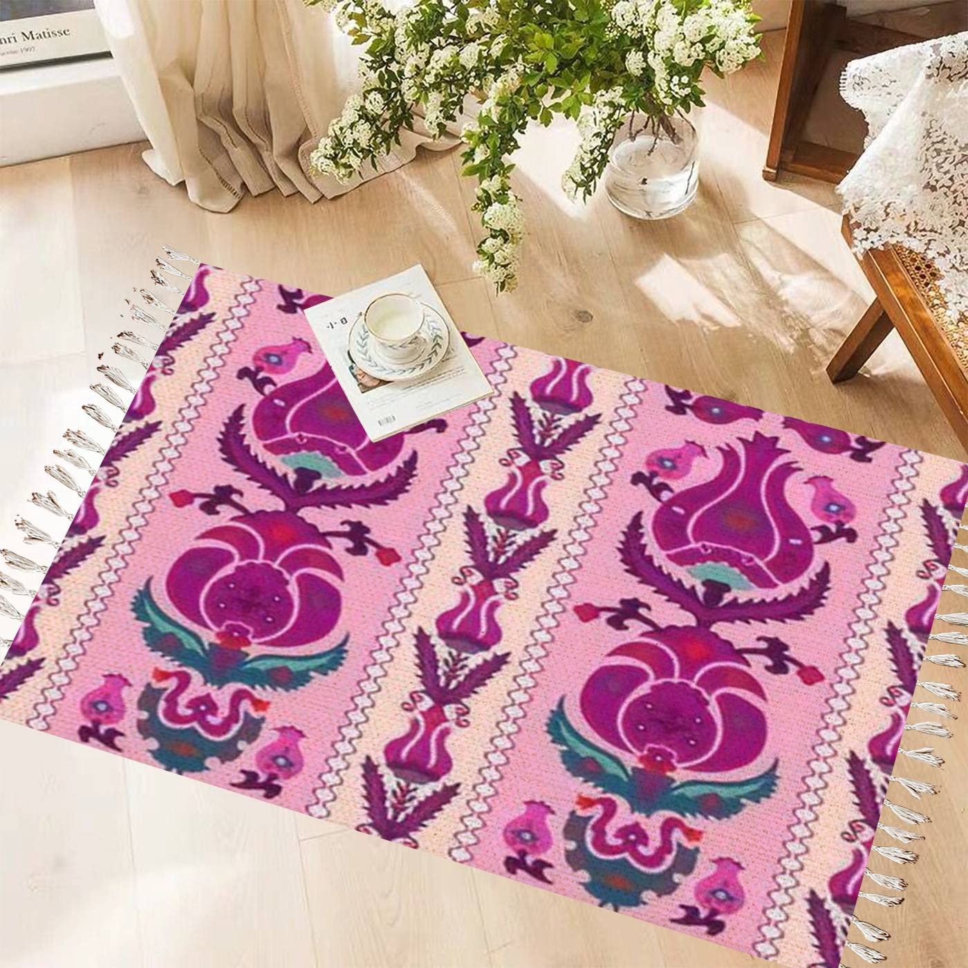 Vintage Cotton & Linen Tassel Rug - Bohemian Ethnic Oriental Style Washable Runner Mat for Kitchen, Bathroom Decor | Indian Persian Arabian Damask Design Woven Carpet for Indoor & Outdoor Use
