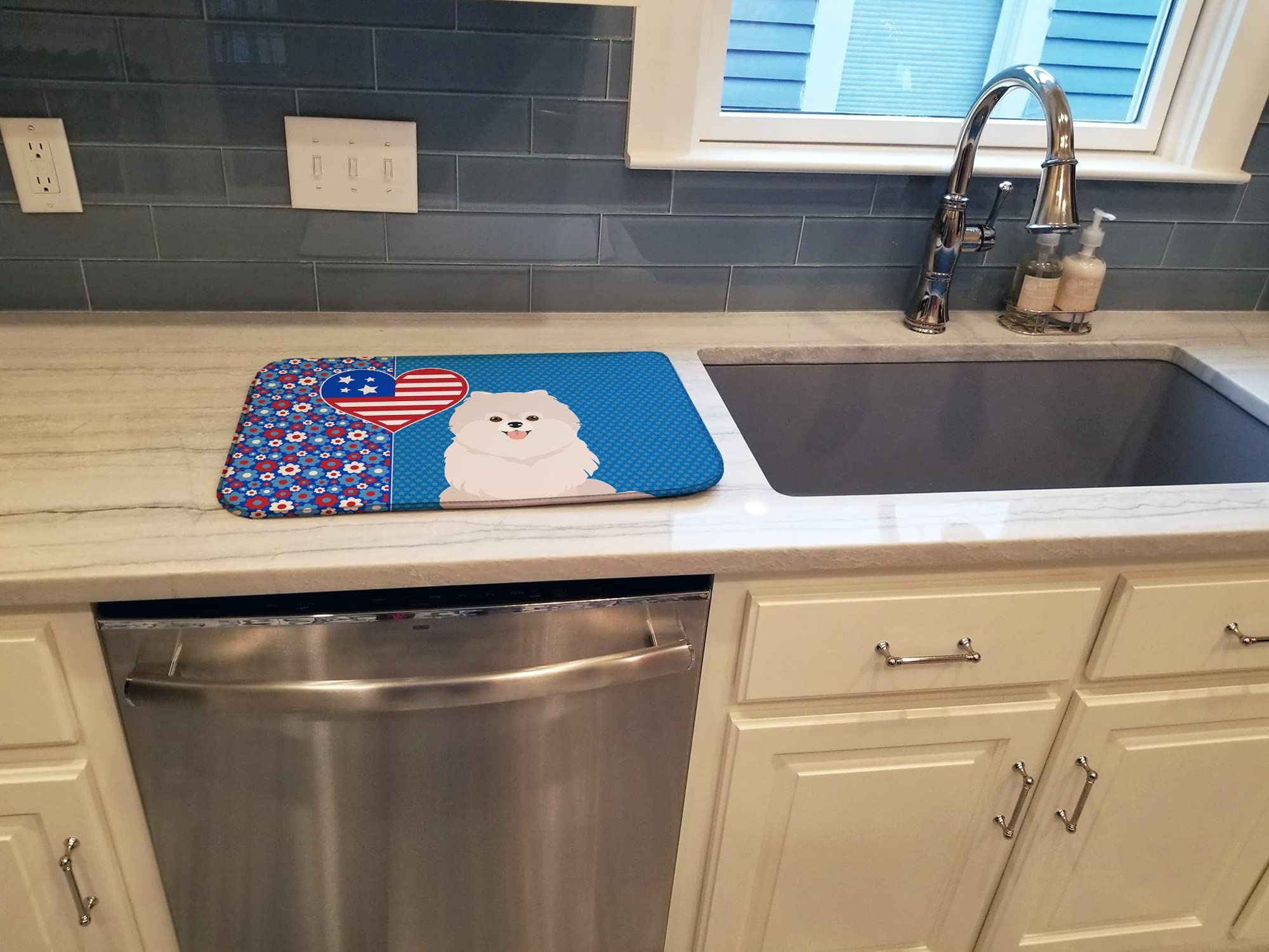 White Pomeranian Dish Drying Mat - Absorbent Kitchen Counter Pad (14x21