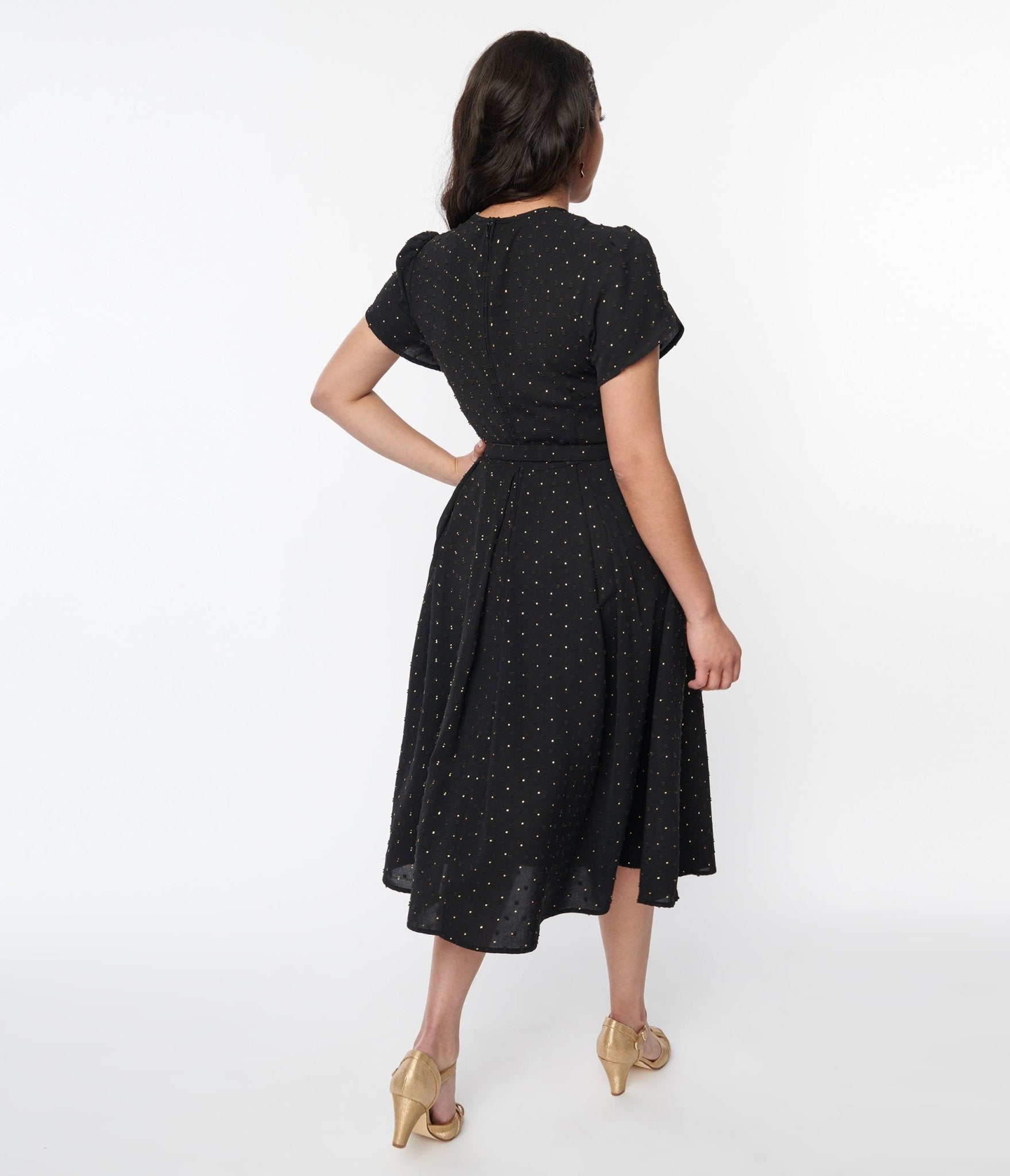 Vintage Black & Gold Polka Dot Dahlia Swing Dress - Retro 1950s Style Flared Skirt for Women - Perfect for Parties, Weddings & Special Occasions