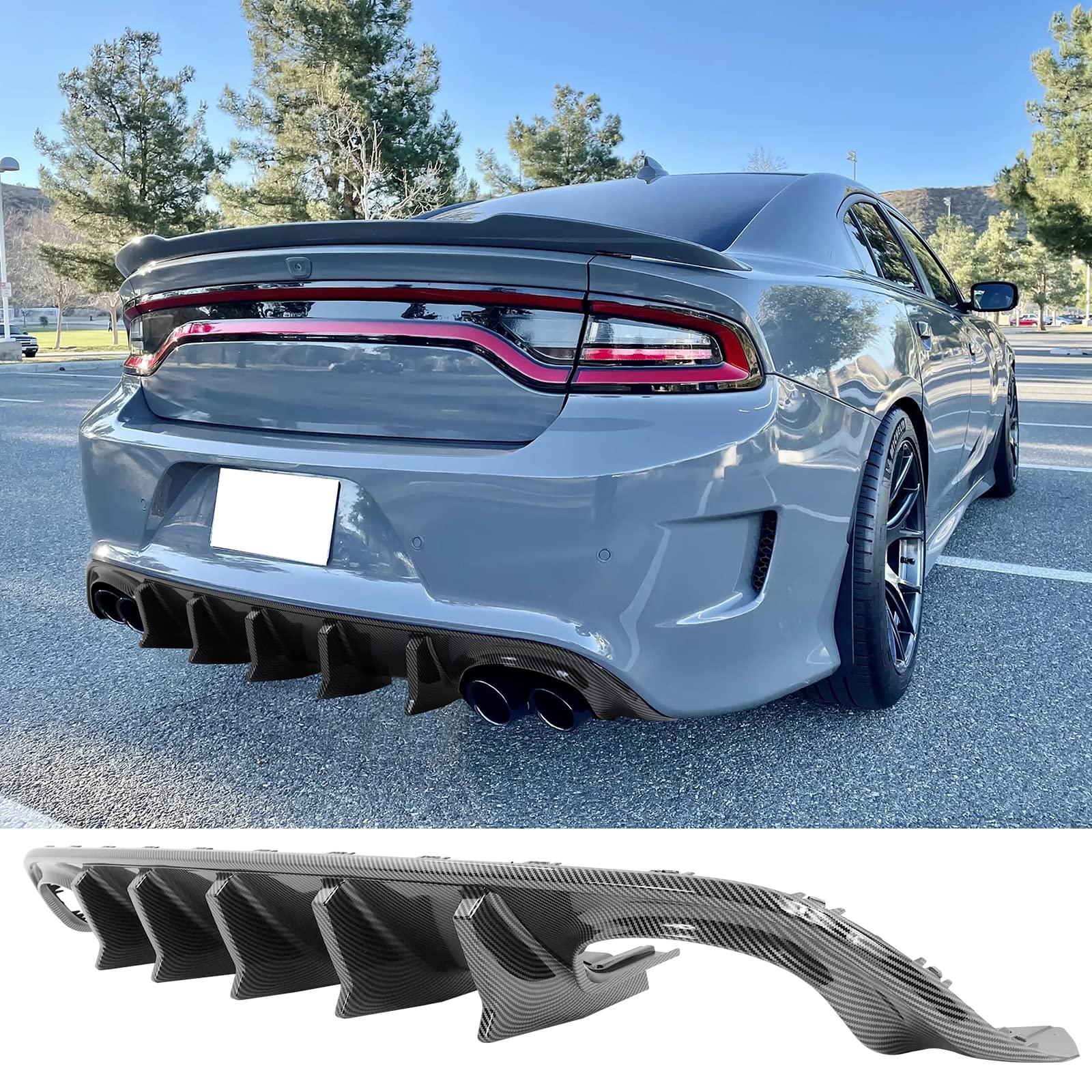 **FREEMOTOR802 Rear Diffuser Quad Exhaust Tips for 2015-2023 Dodge Charger | IKON V2 Style Carbon Fiber Print | 2PCS Bumper Lip Shark Fins (PP Material) – Upgrade Your Car’s Rear Styling for Sporty Look & Performance**