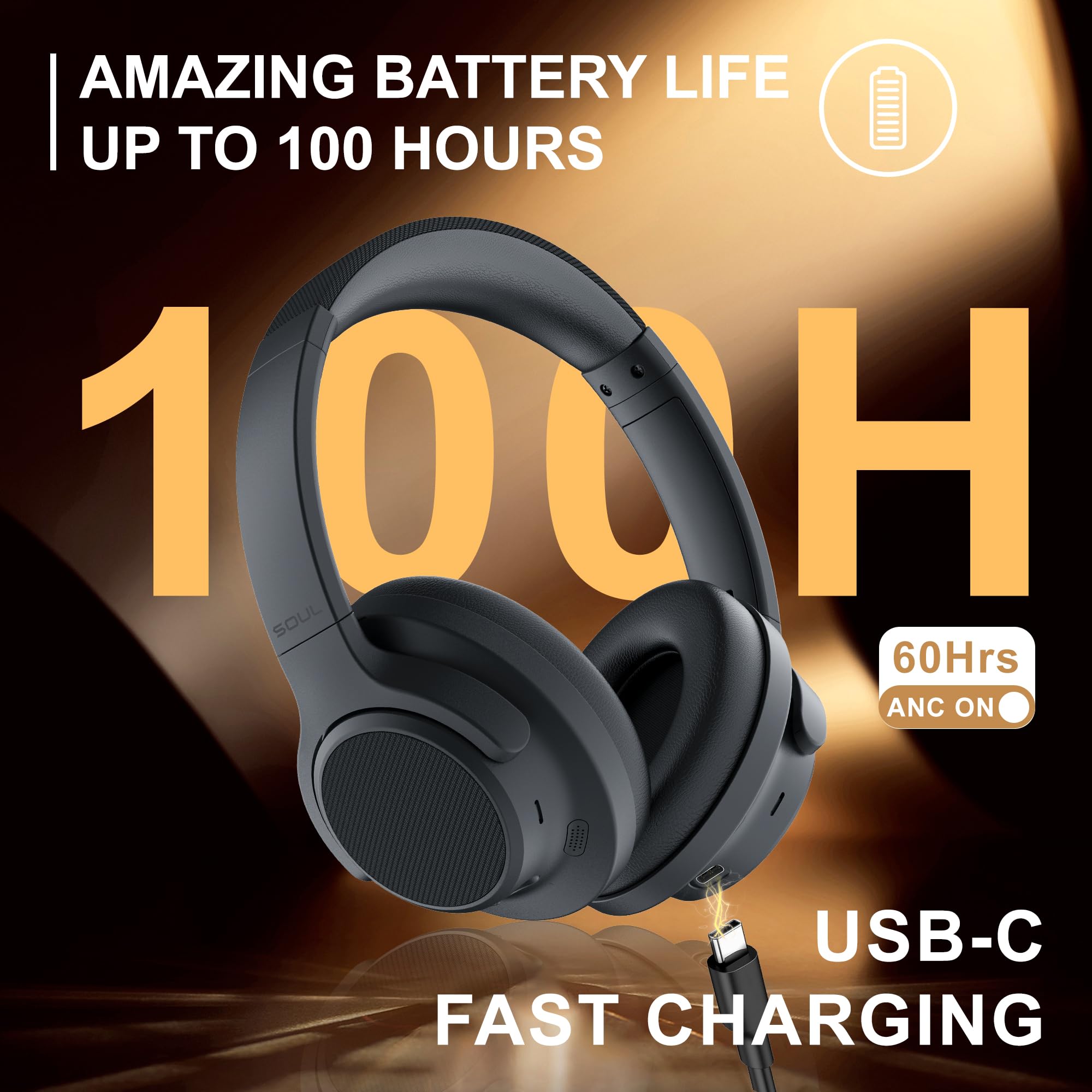 Soul Ultra Wireless Active Noise Cancelling Over-Ear Bluetooth Headphones - 100H Playtime, USB-C Fast Charging, Hi-Res Audio with Deep Bass - Perfect for Travel, Sports, Gym & Work (Black)