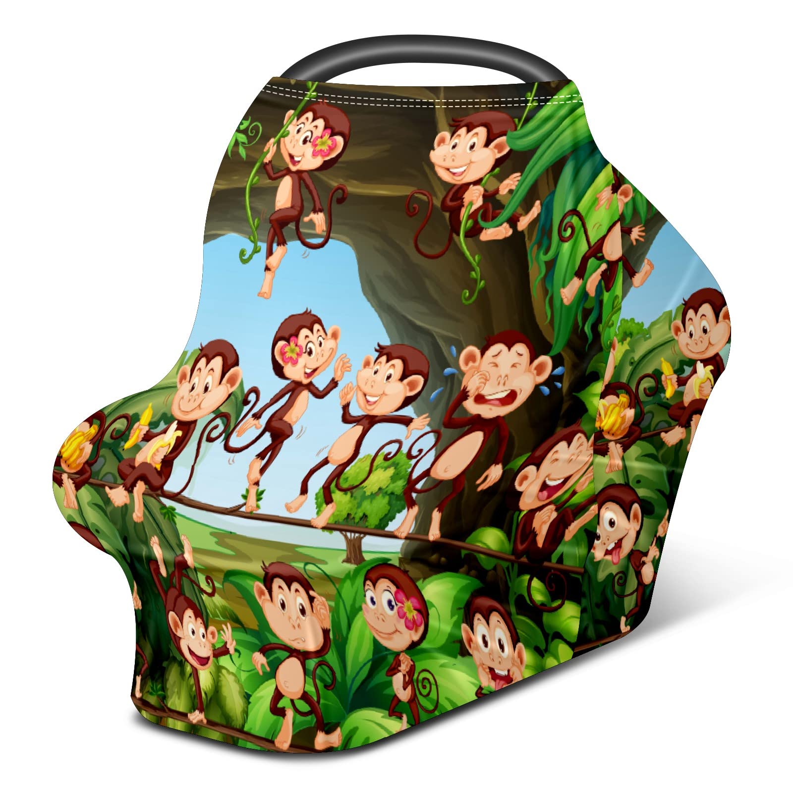 Soft Stretchy Baby Car Seat Cover & Nursing Scarf - Cute Forest Monkeys Design for Boys & Girls | Multi-Use Infant Carrier Canopy for Strollers, Breastfeeding & Car Seat Protection
