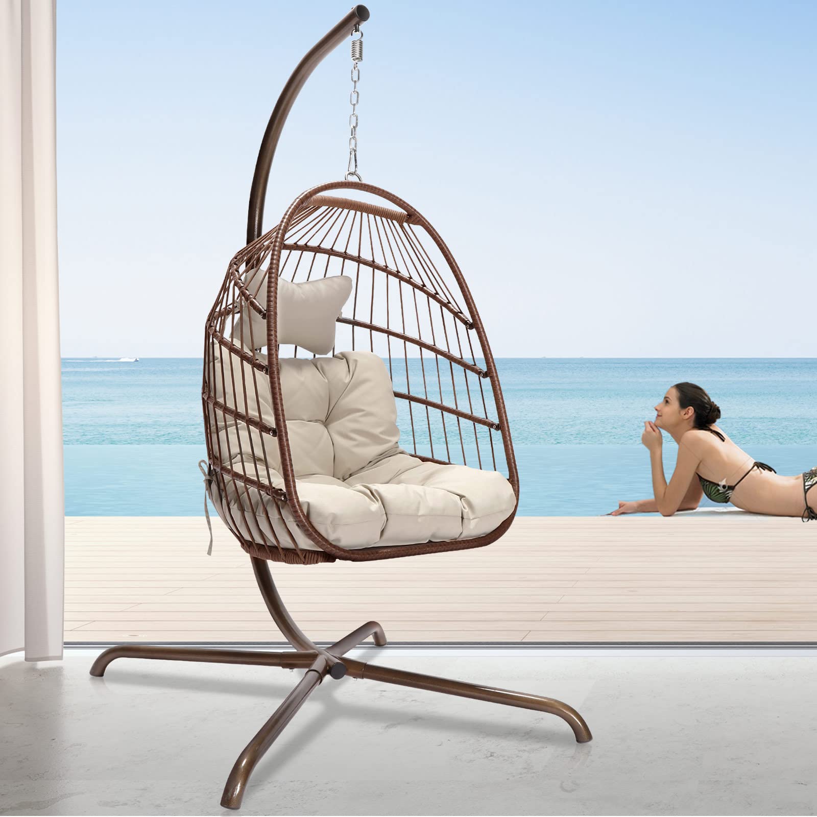 **NICESOUL Indoor/Outdoor Swing Egg Chair - Patio Wicker Hanging Chair with Stand, All-Weather Egg Hammock with Cushions, 350lb Capacity - Perfect for Backyard, Balcony, or Garden Relaxation (Brown)**