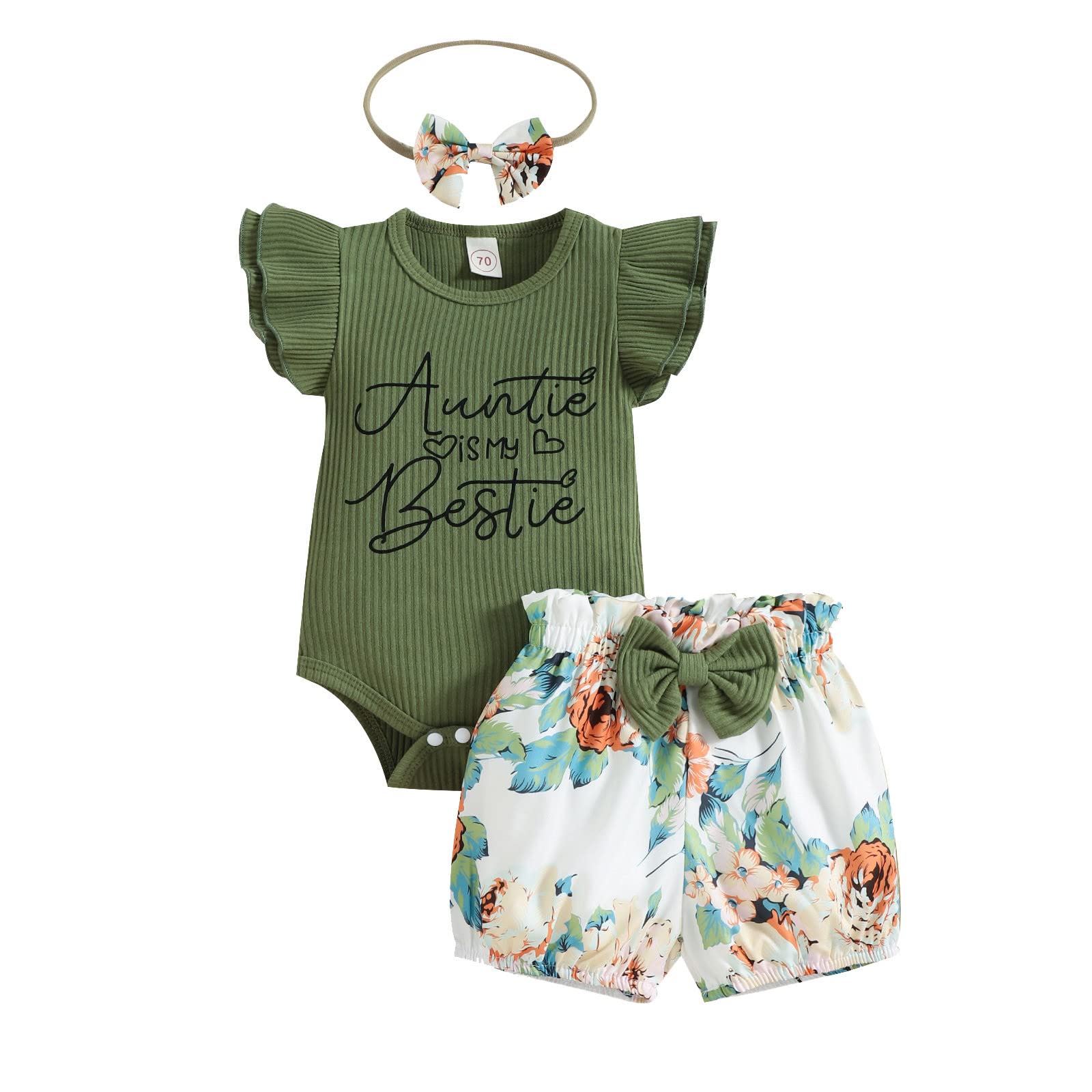 SRTUMEY Baby Girl Outfits - Short Sleeve Letter Printed Ribbed Romper Bodysuits with Floral Shorts & Headbands | Newborn Infant Clothes Set for Summer, Playdates & Photo Shoots