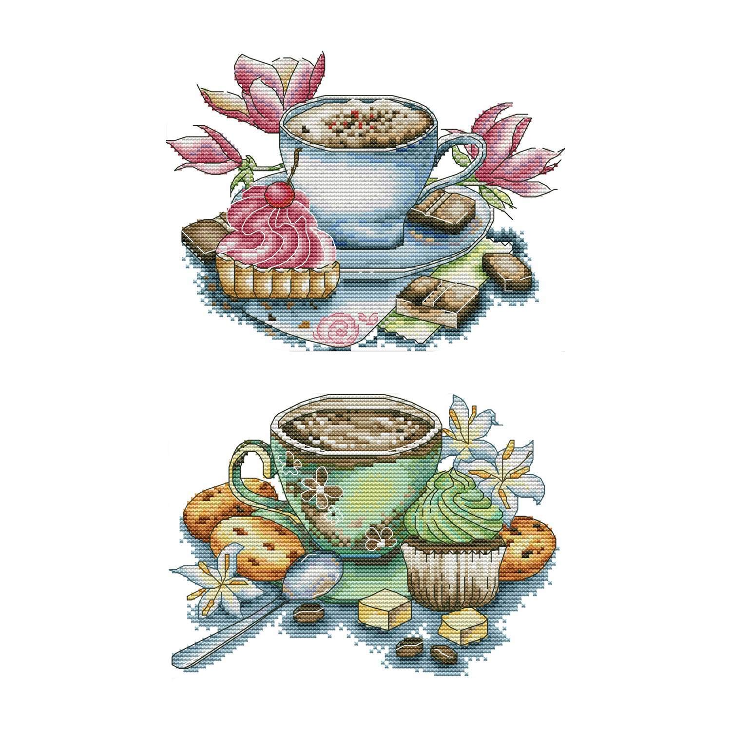 Huhebne 2-Piece Embroidery Kit Set - 14CT Stamped Cross Stitch Kits for Beginners, DIY Teacup & Cake Design - Perfect for Home Decor, Gift Giving & Relaxing Crafts