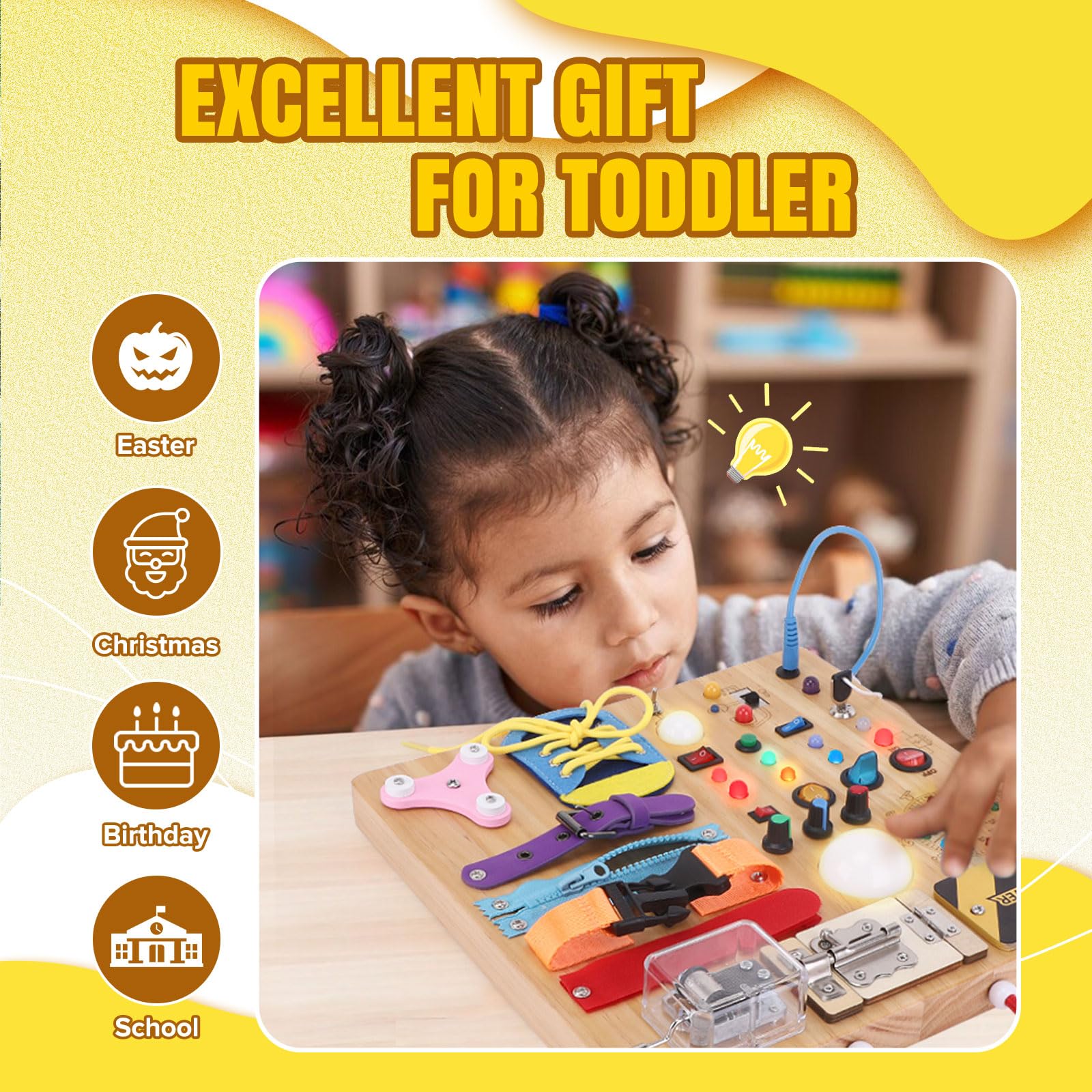23-in-1 Montessori Busy Board - Wooden Sensory Learning Toy for Toddlers 1-3 Years Old with 15 Switches, 26 LED Lights, Music Box & Locks - Educational Activity Board for Fine Motor Skills Development - Perfect for Travel, Daycare & Autism Therapy