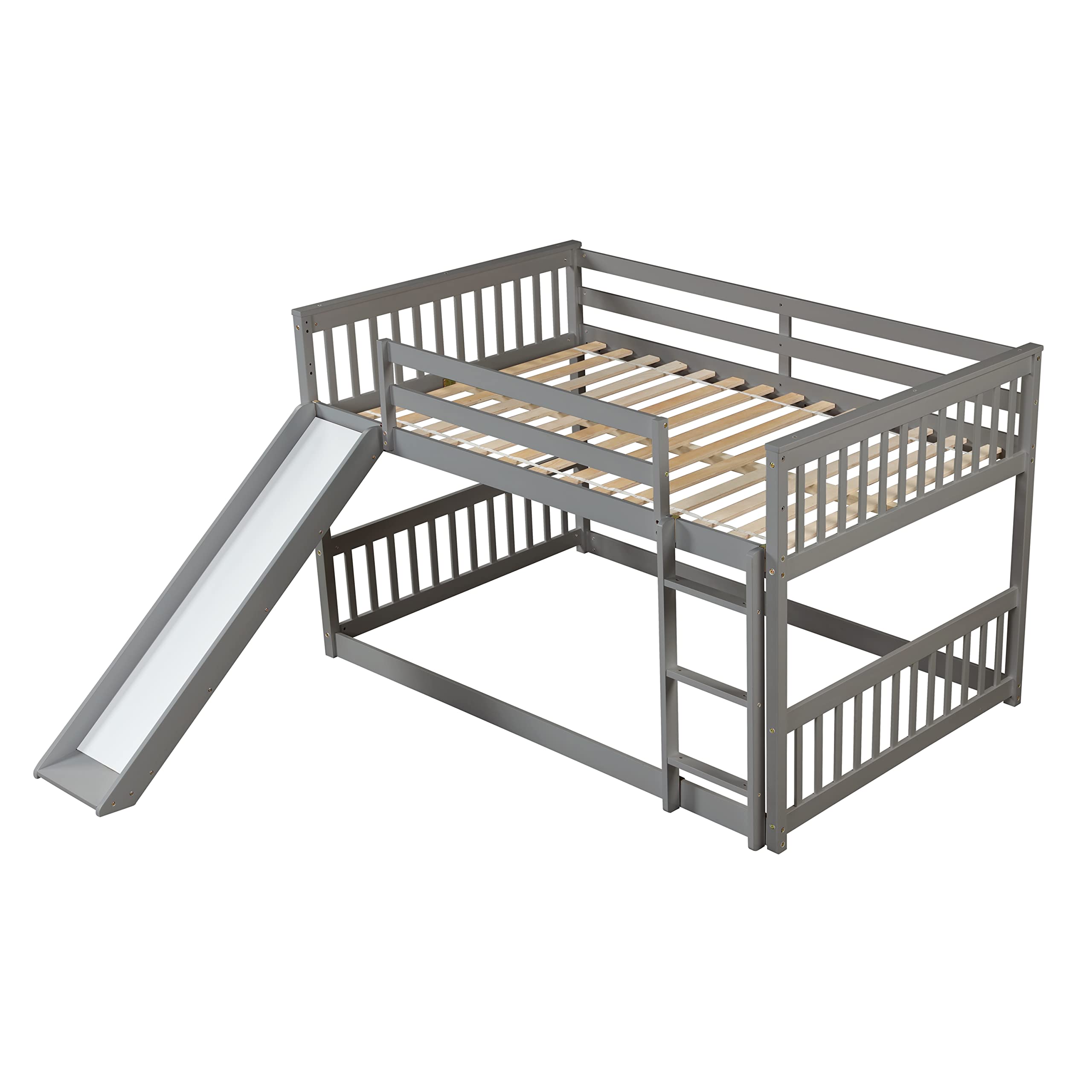 SOFTSEA Full Over Full Bunk Bed with Slide & Ladder - Low Profile Kids Bunk Bed with Safety Guardrails - Solid Wood Frame Twin Bunk Bed in Gray - Perfect for Small Bedrooms, Kids' Rooms & Sleepovers
